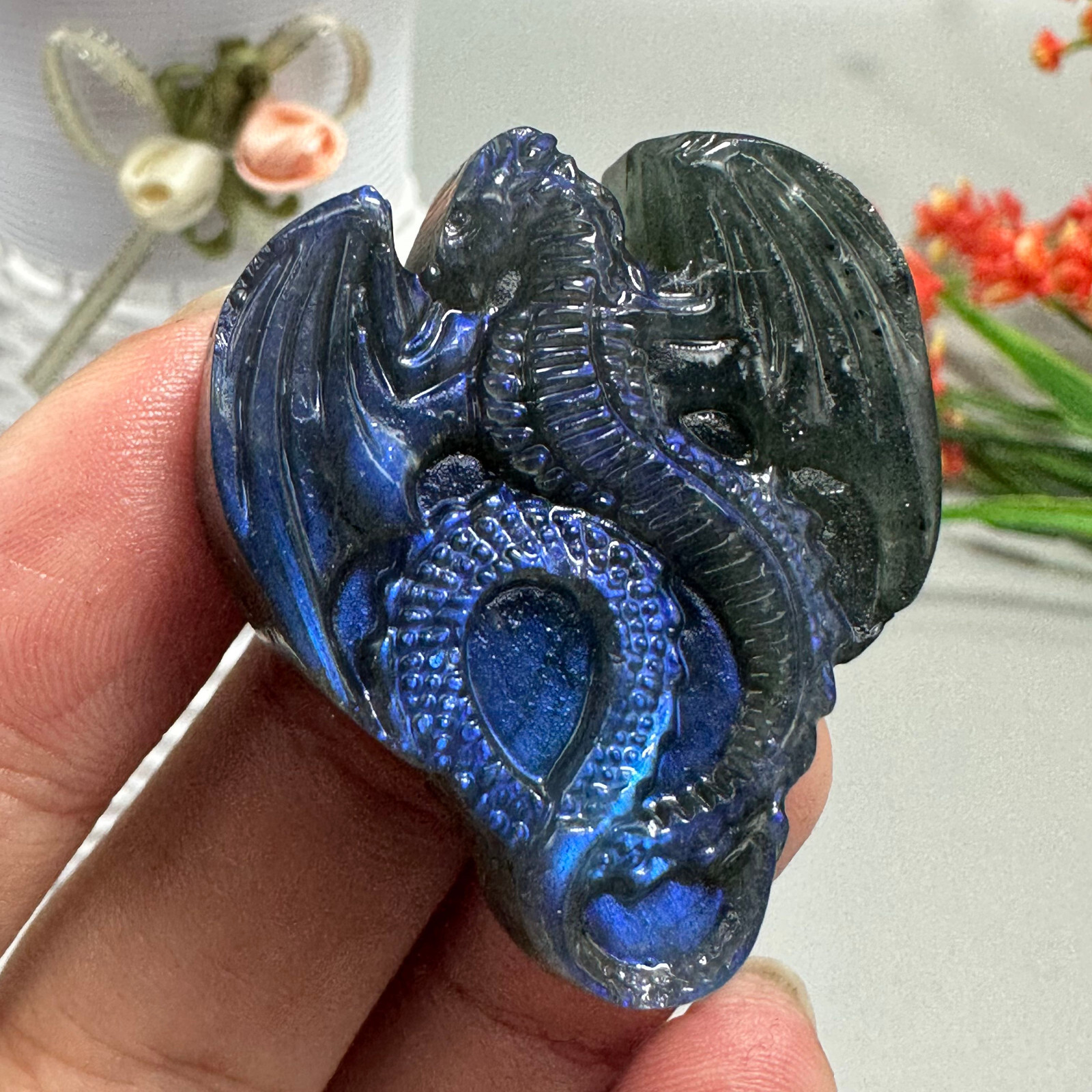 Natural Labradorite Carved dragon Quartz Skull Crystal Specimen Healing 1PC
