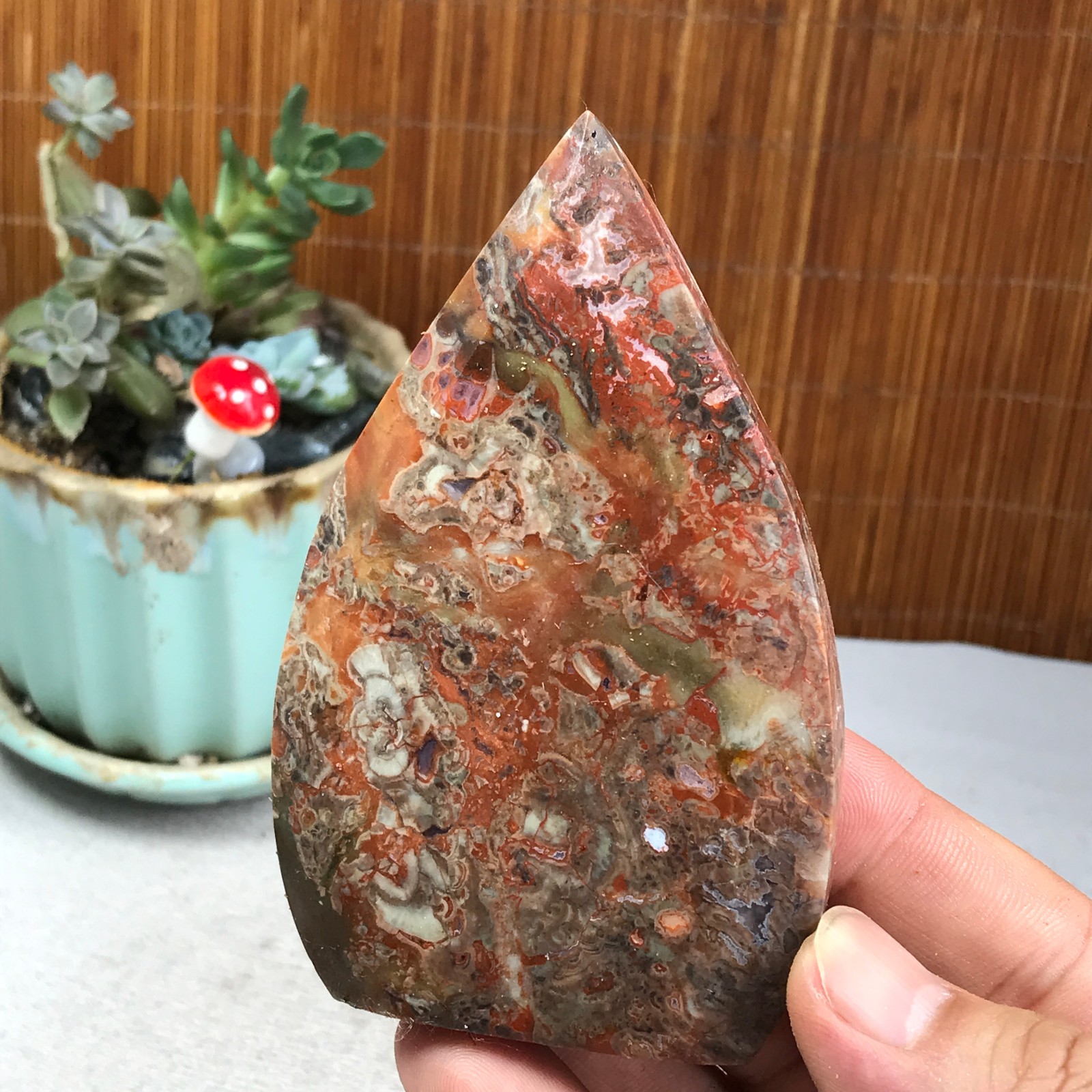 Natural money Mexico agate hand carve leaf Crystal Specimen free standing A6274