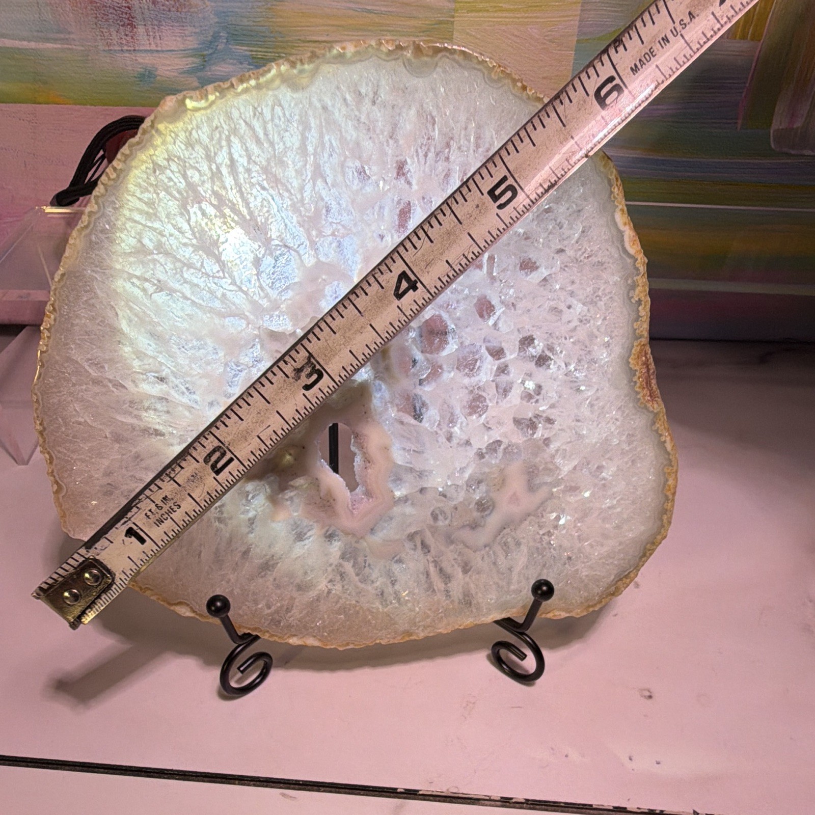 White Agate Geode Slice Crystal Mineral Display Specimen on Metal Stand ~6 in