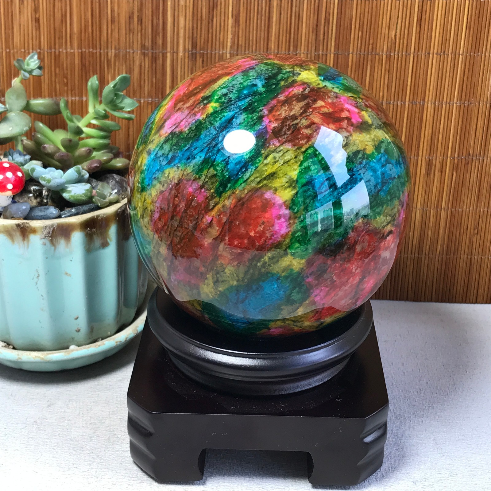 Natural “Seven Colors Jade” sphere Ball -Taiwan China 1.84kg Base Random A5803
