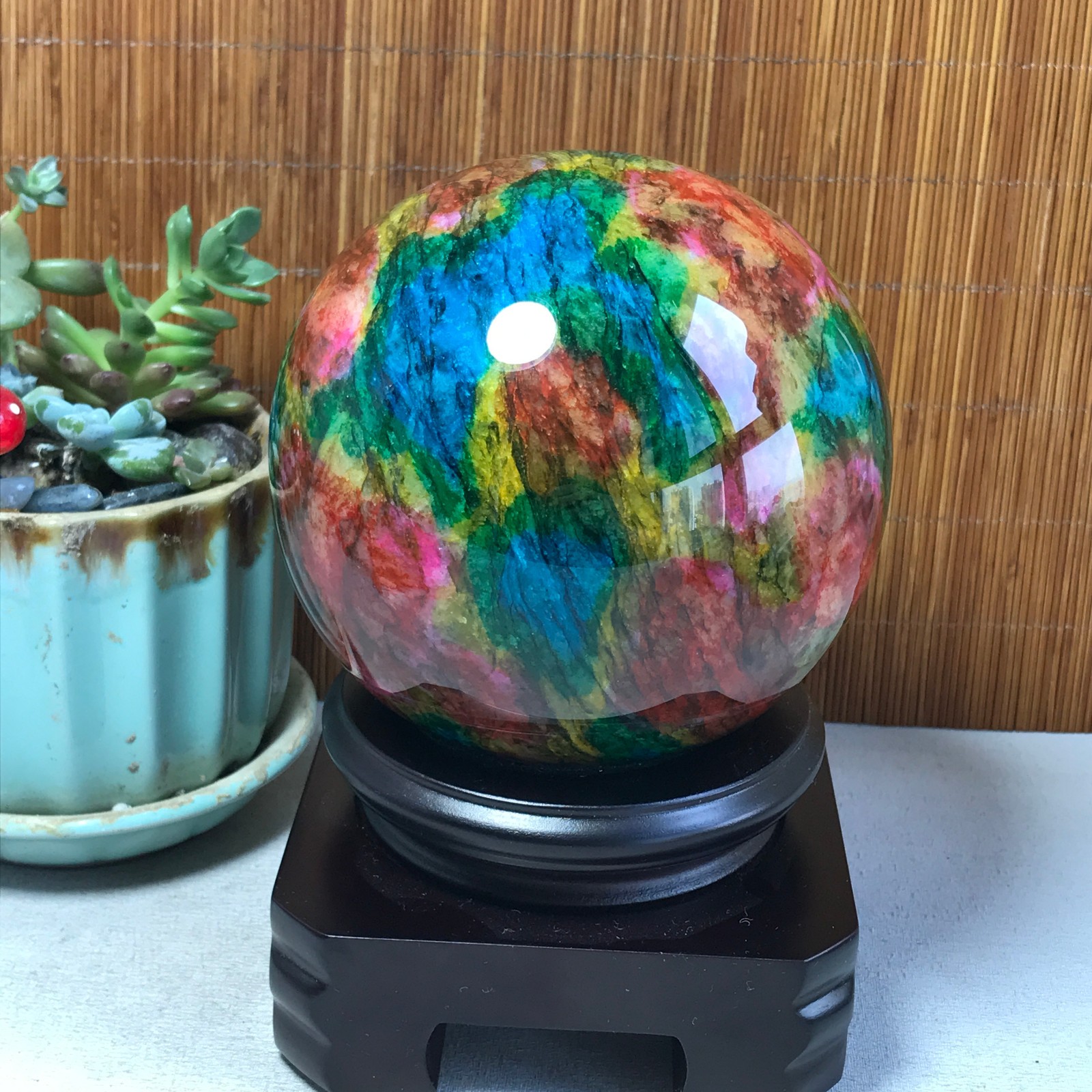 Natural “Seven Colors Jade” sphere Ball -Taiwan China 1.85kg Base Random A5802