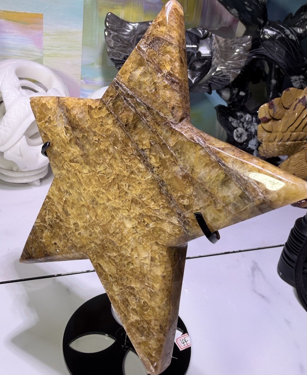Honeycomb Star-Shaped Yellow Crystal Decorator Piece on Stand, Approx. 8″