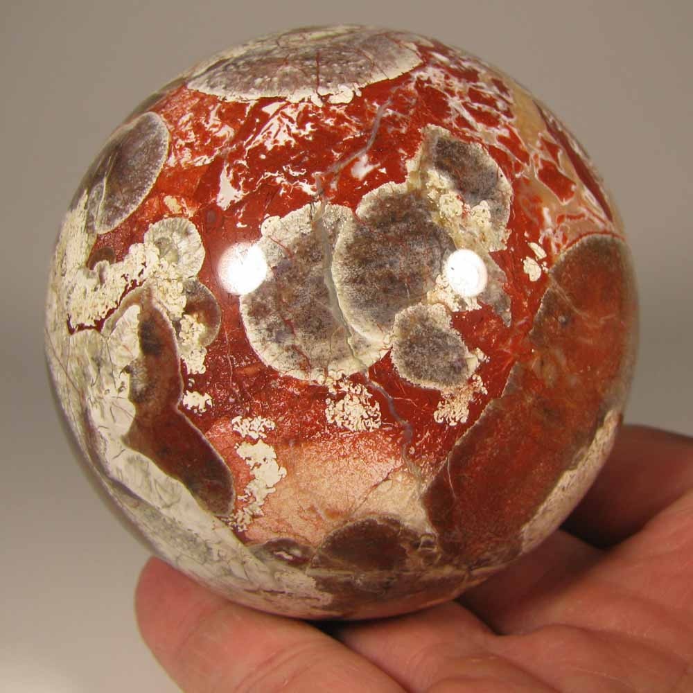 2.9″ MONEY AGATE Rhyolite Gemstone Sphere w/ Stand – Indonesia – 75mm – 1.2 lbs.