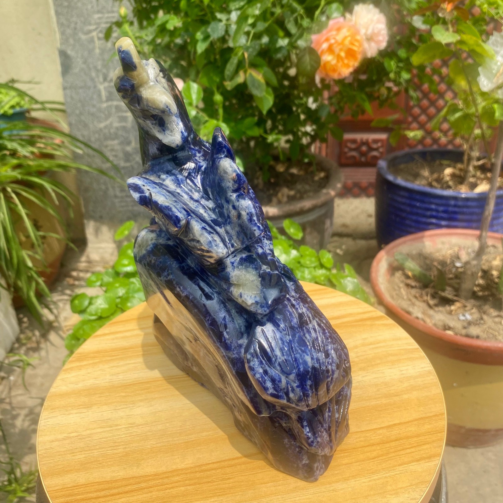 6.17LB Natural Blue Vein Stone Phoenix Carving, Home Decoration