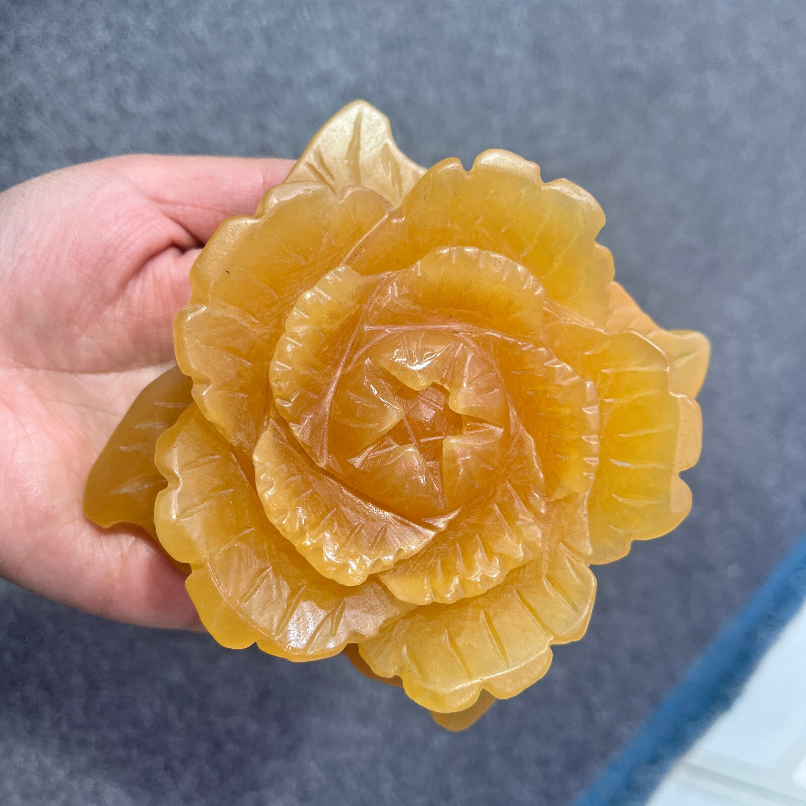 1PC Natural yellow calcite Quartz Carved Peony Flower Skull Crystal Reiki gift