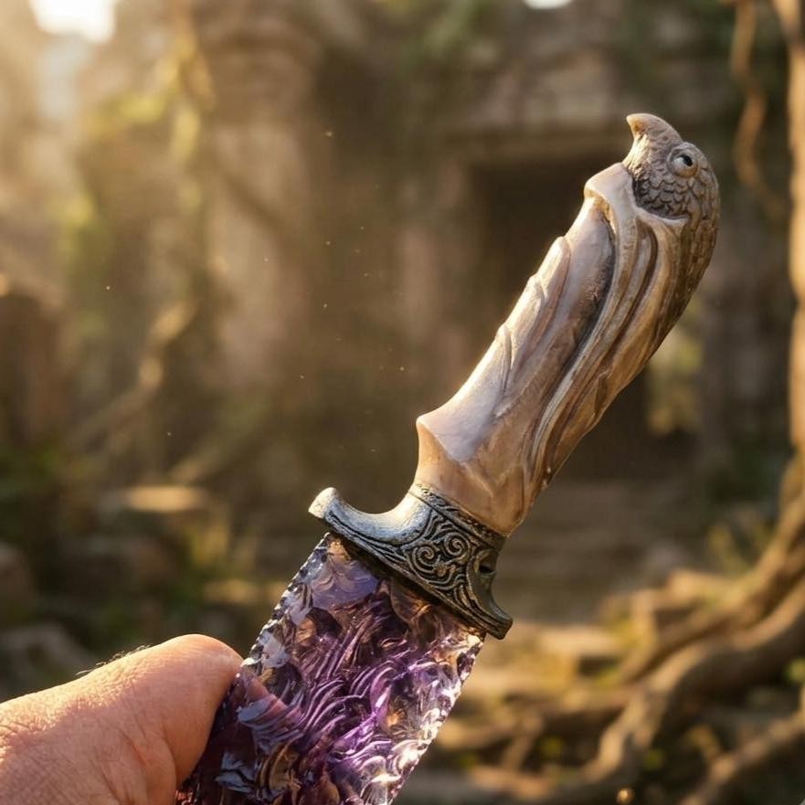 10″ Amethyst Glass Crystal Knife Handcrafted Ritual Athame Ornate Eagle Handle