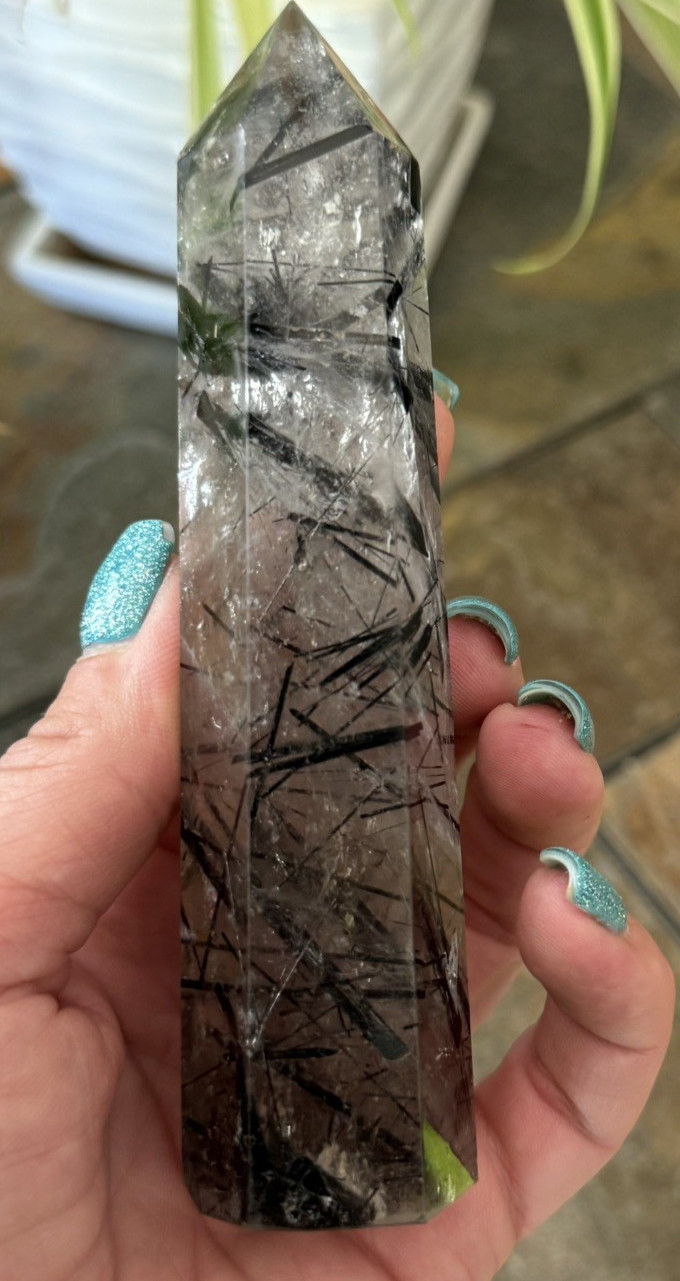 Natural Black Tourmaline in Quartz Tower Polished Crystal Point Collector, 6 “