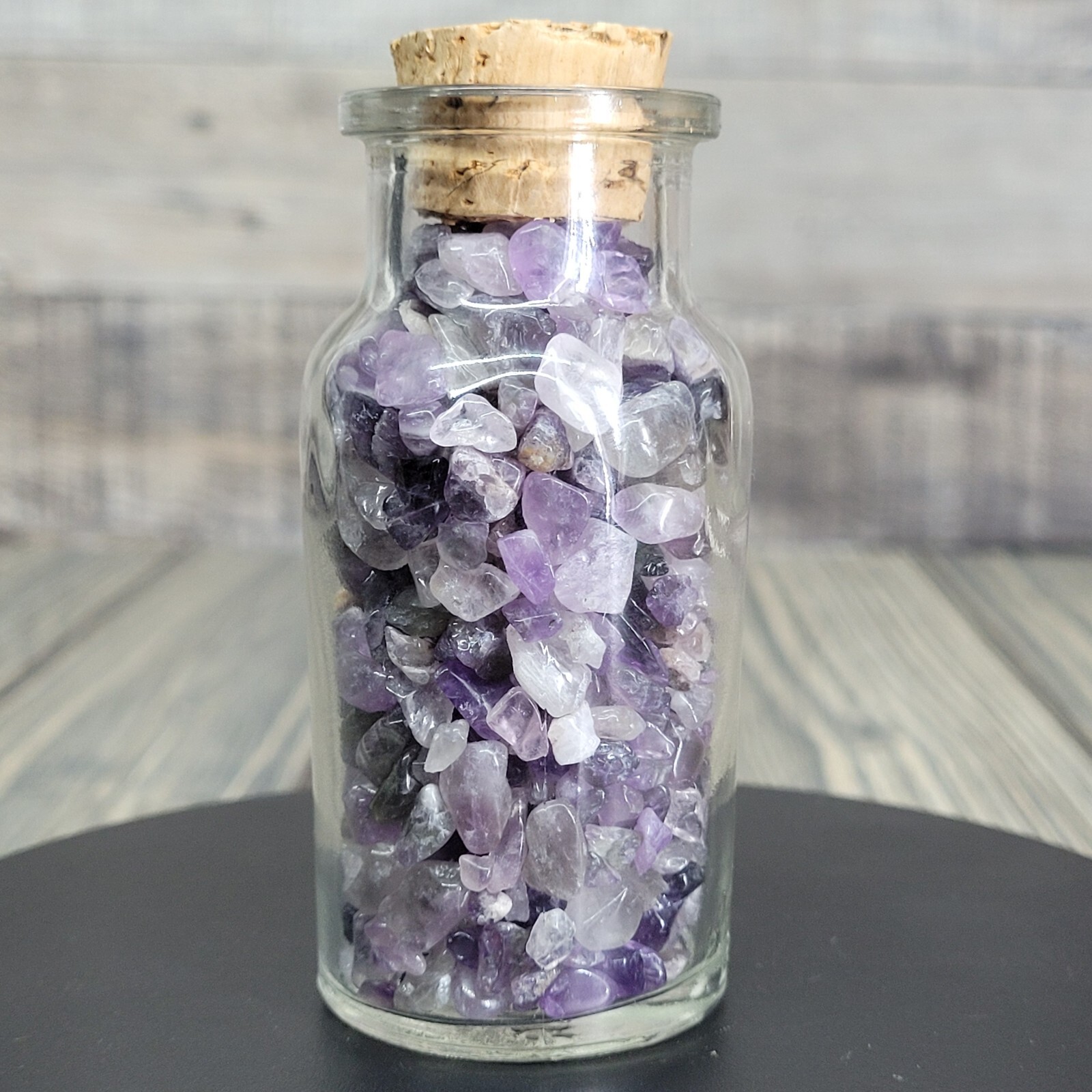 4oz Amethyst Tumbled Crystal Chips in Vintage Apothecary Glass Jar Wagner w/Cork