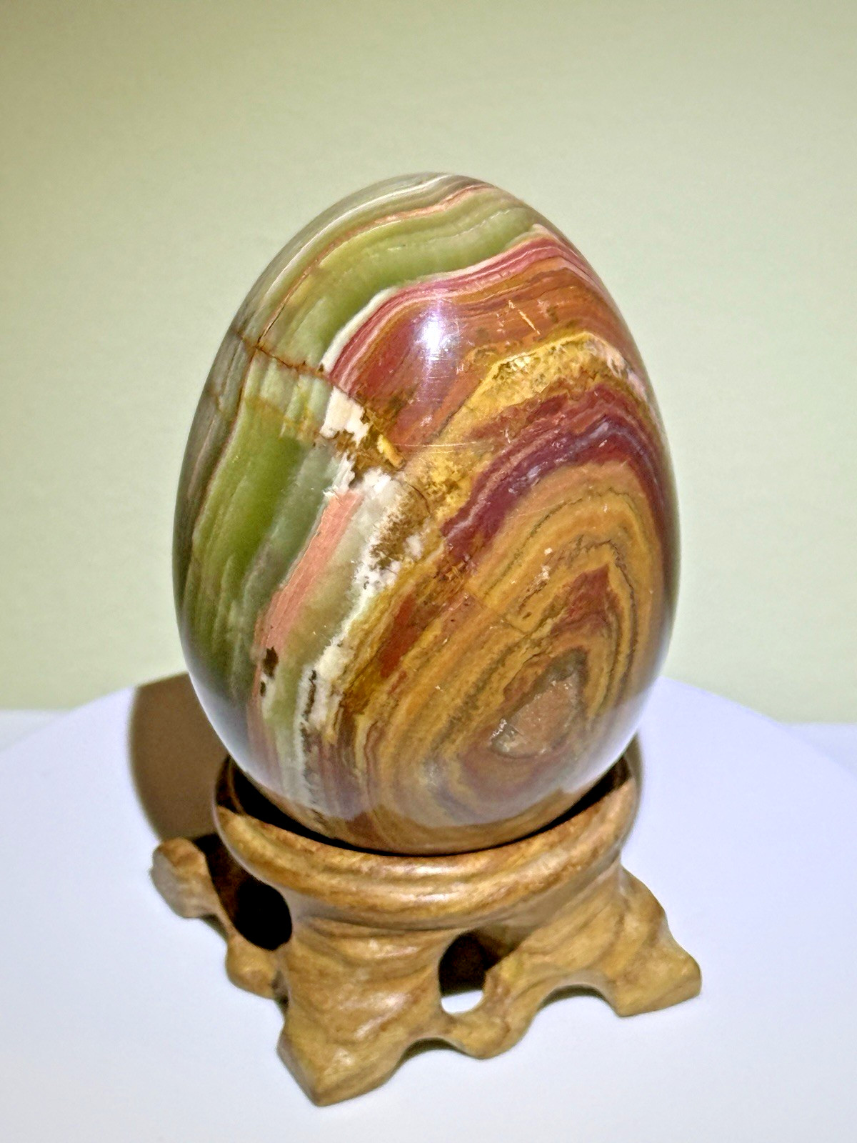 VIVID Multicolor Banded Onyx Egg with Wooden Stand