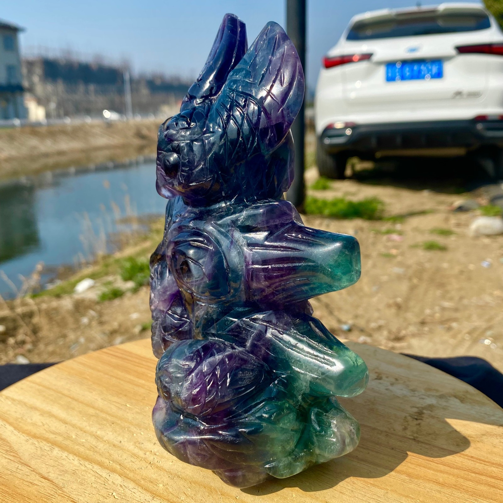 3.63LB Natural Fluorite Quartz Owl Sculpture Hand Carved Crystal Reiki Energy