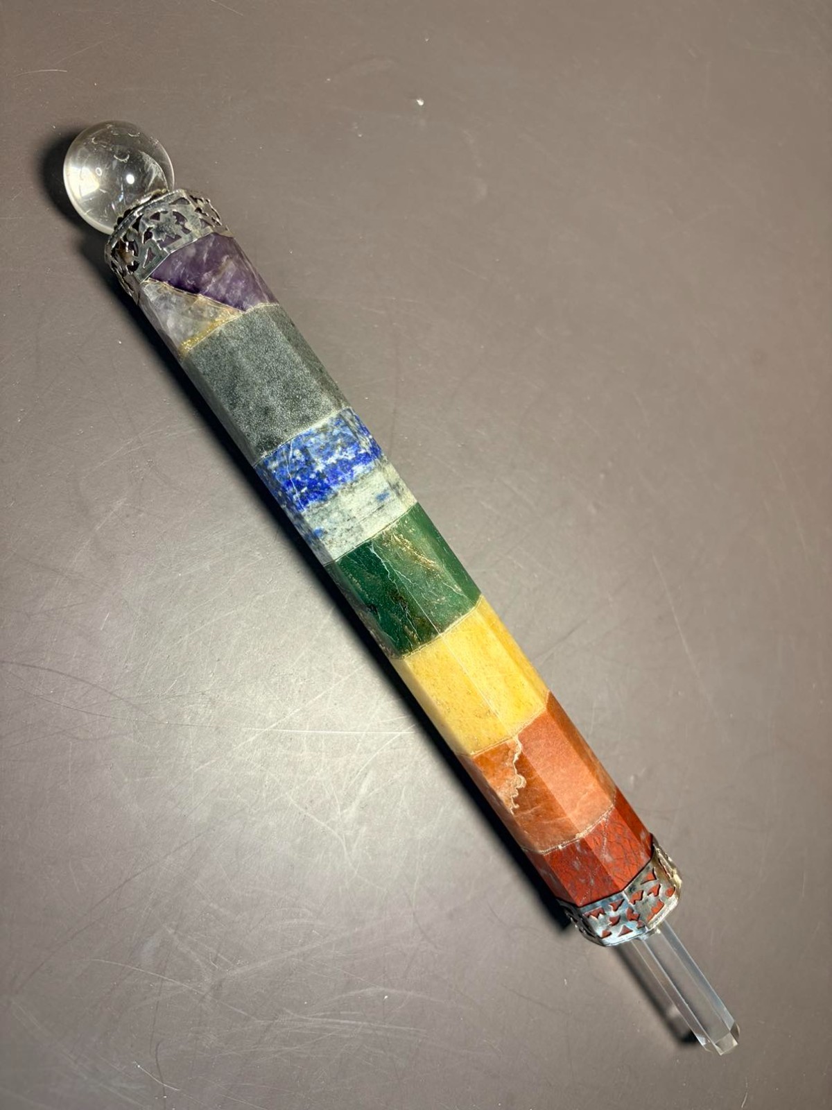 8” Chakra Healing Wand – 7 Bonded Stones w/Clear Quartz Point NEW