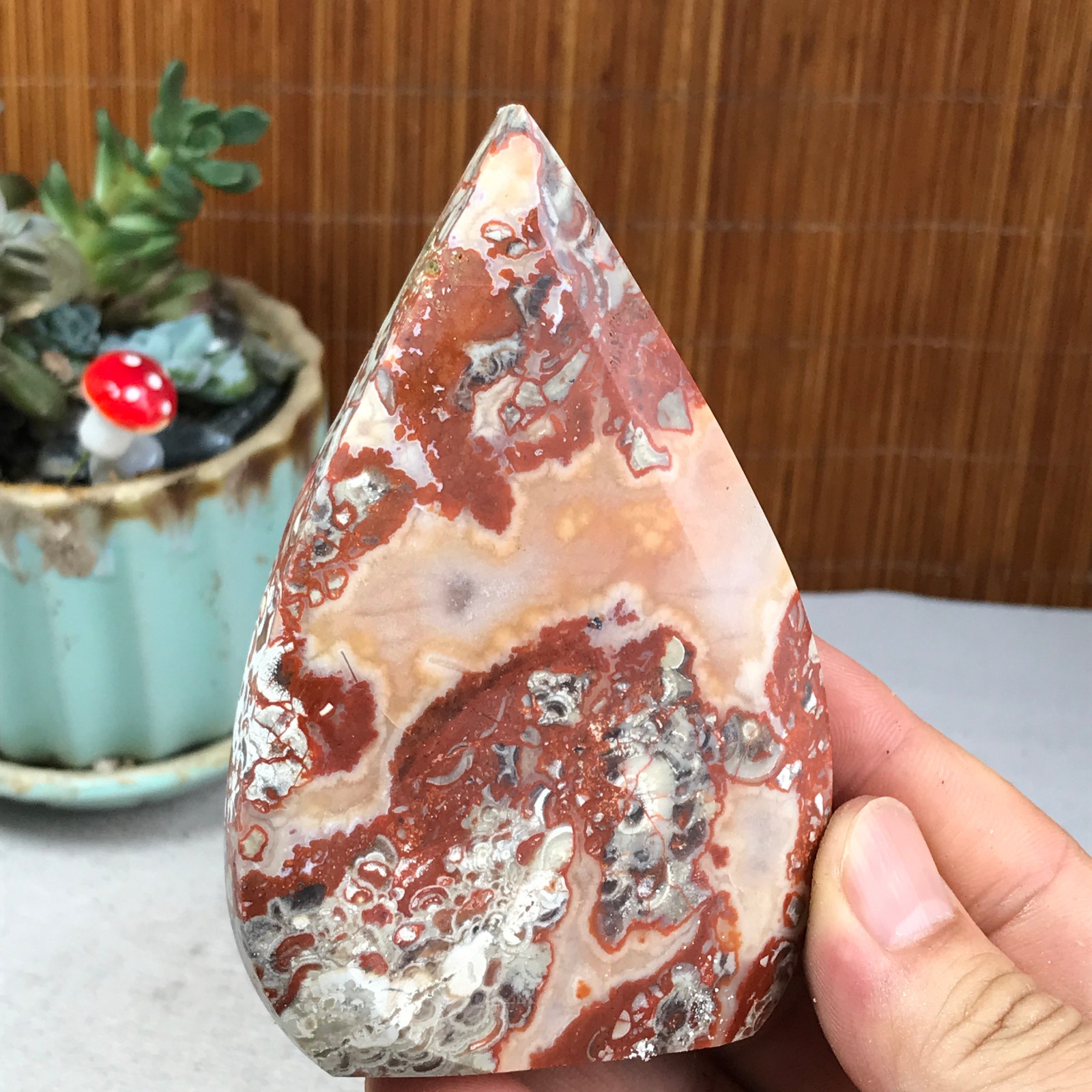 Natural money Mexico agate hand carve leaf Crystal Specimen free standing A6263