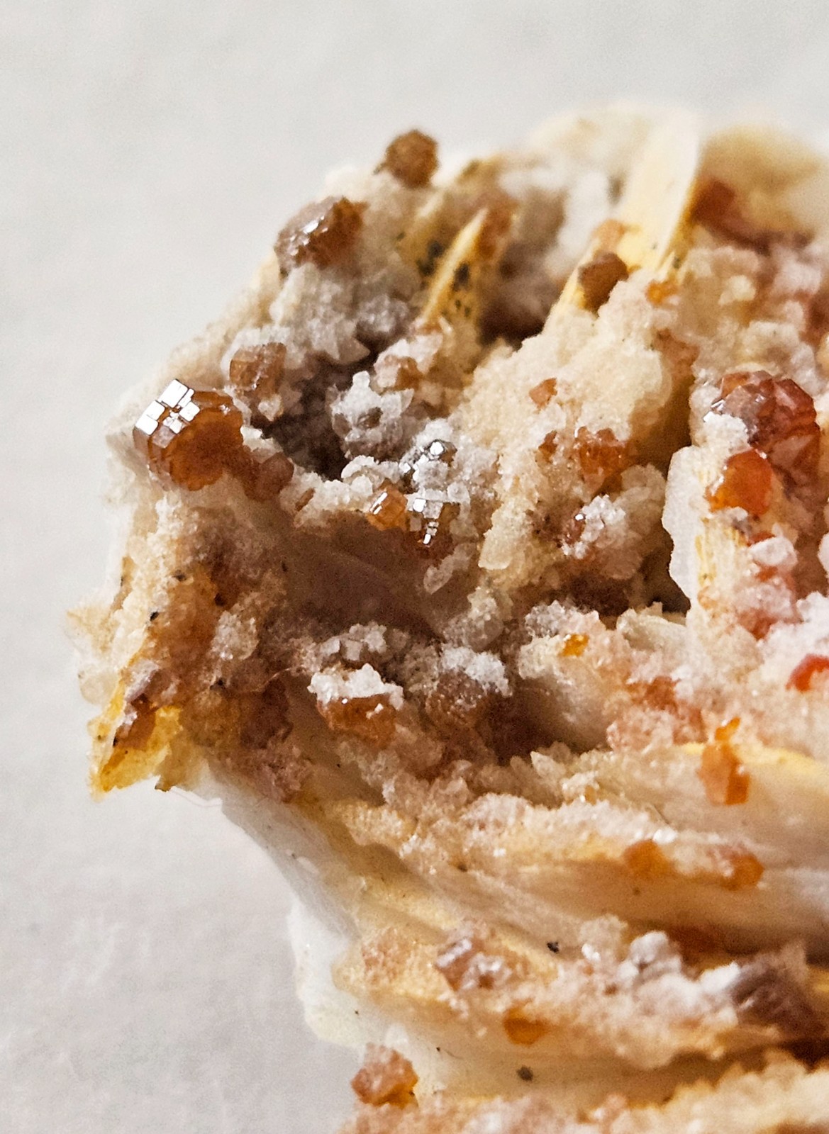 Red and Brown Vanadinite Crystals on white Barite – Mibladen, Morocco