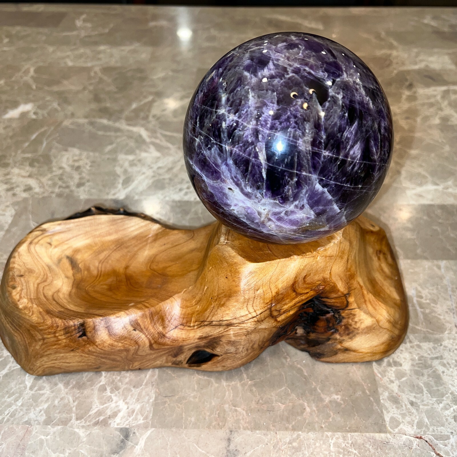 BEAUTIFUL 5+ lbs AURALITE 23 Sphere + Teak Wood Base + 1/2 lb Auralite Rough-A22