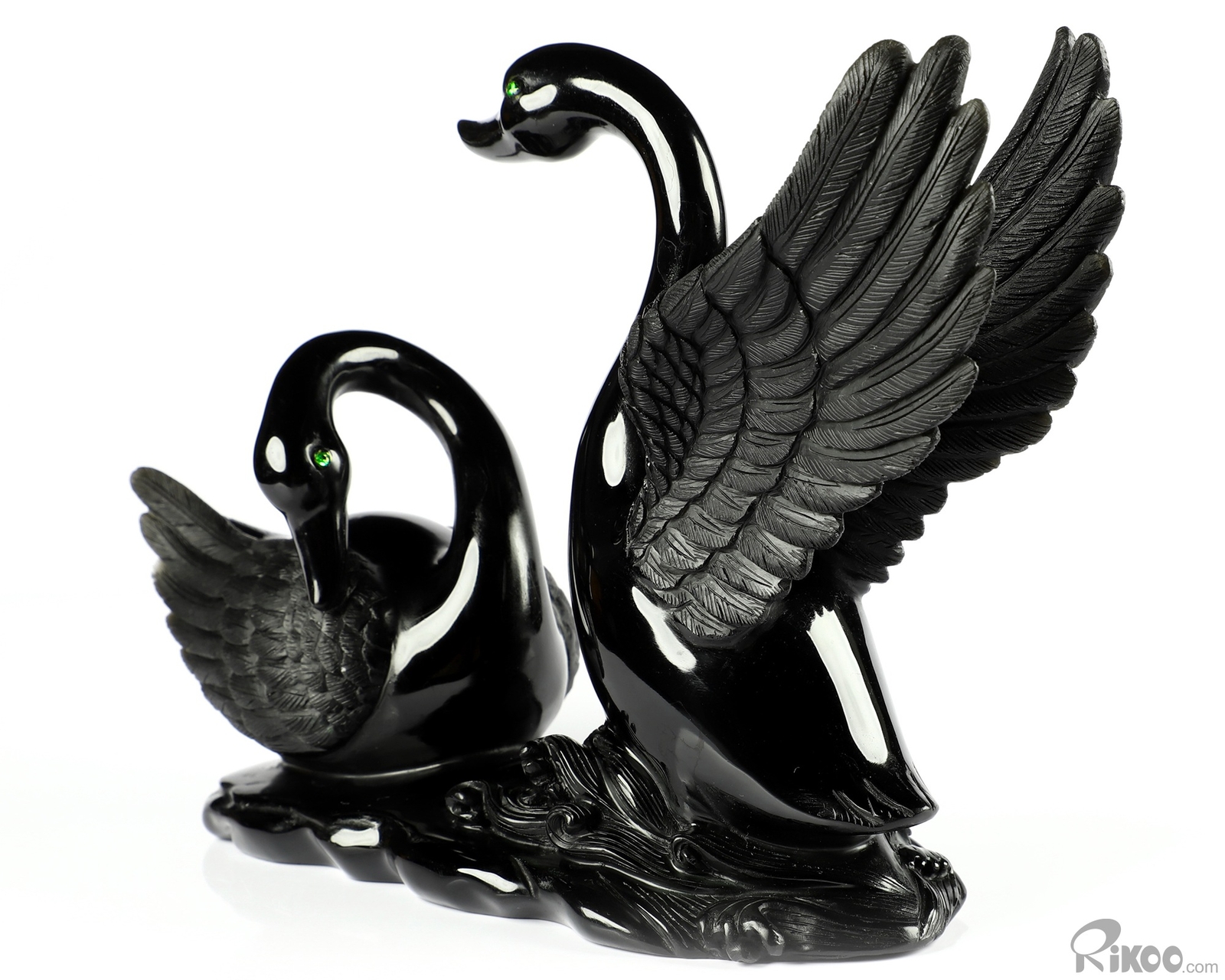 BEAUTIFUL 8.1″ Black Obsidian Carved swan Swans Sculpture Green Garnet Eyes