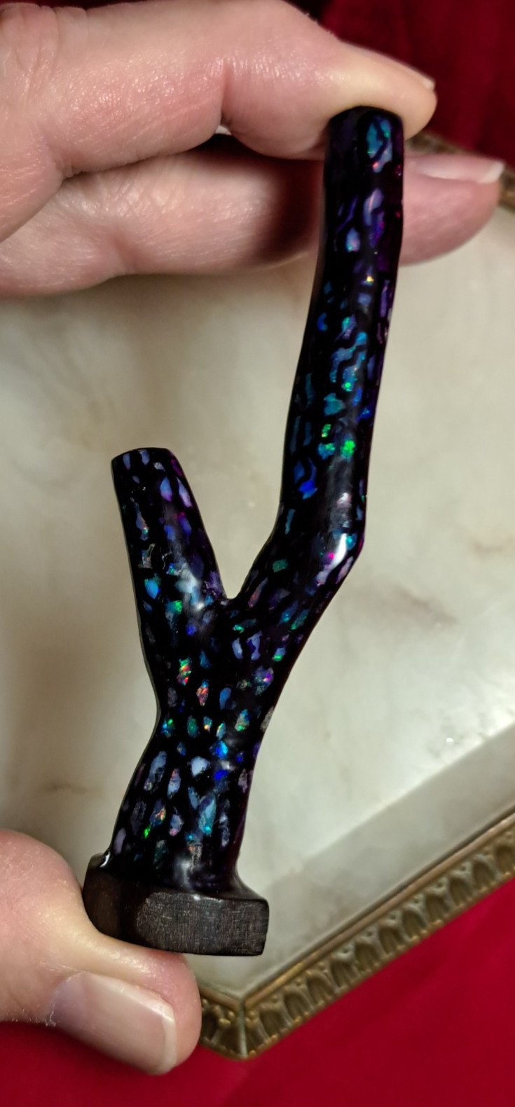Huge Multicolor Indonesian Wood Opal Fossil Inlaid Mosaic Branch Stands Up