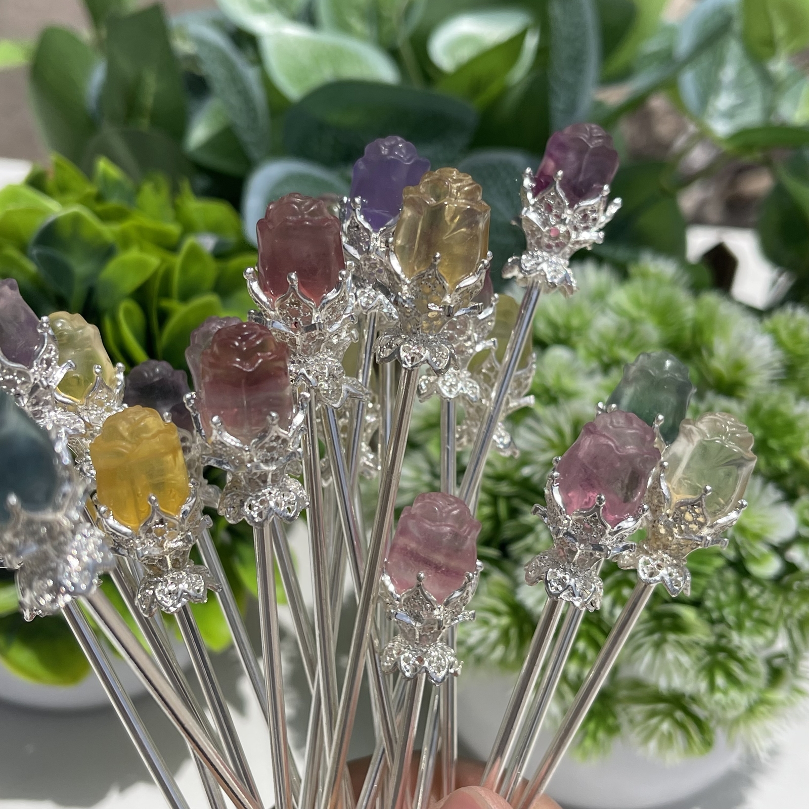 5pc Natural fluorite carved rose hairpin quartz crystal reiki healing random