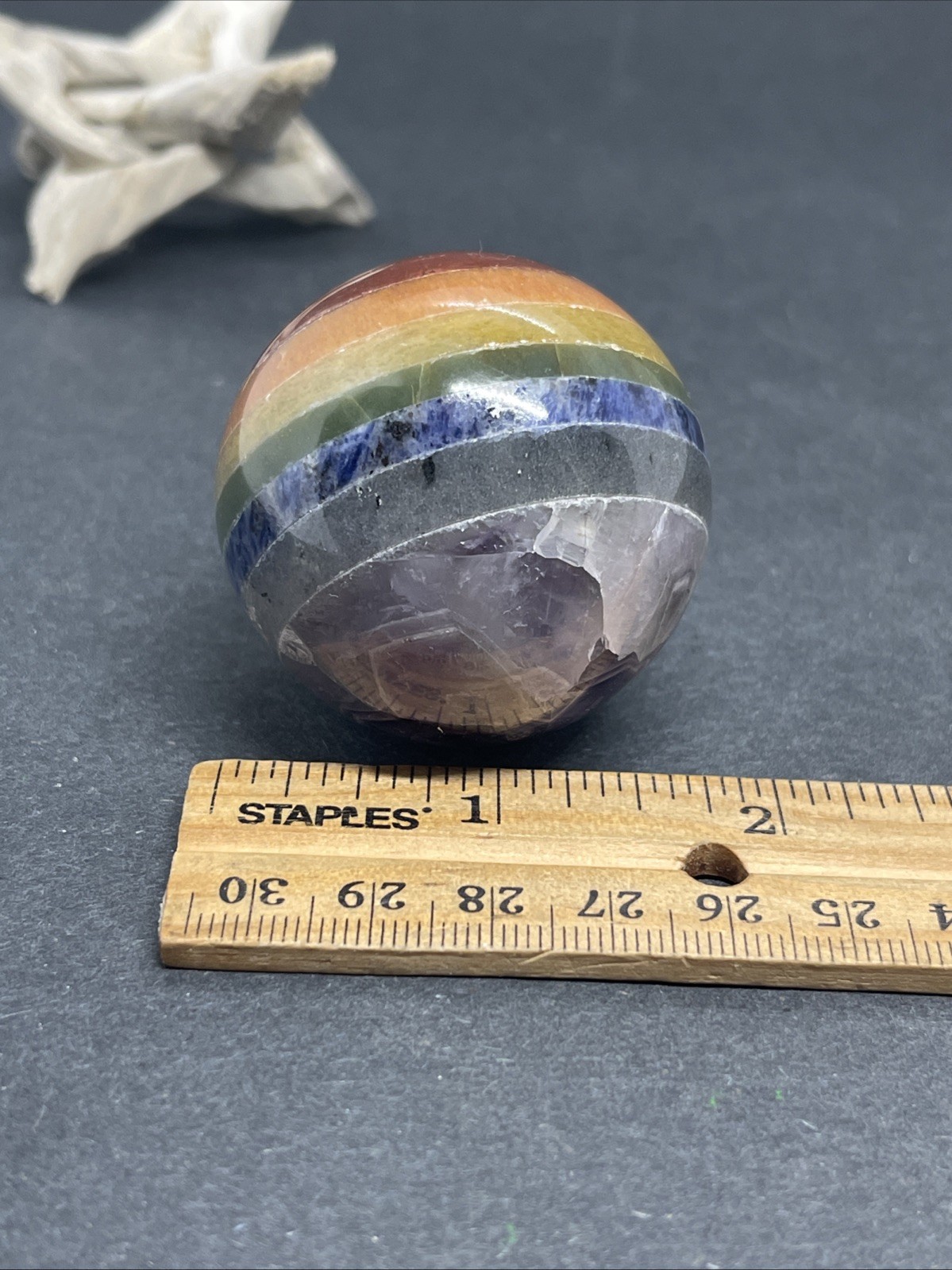Chakra Sphere Seven 7 Gemstone Crystal Ball w/ Wood Stand 1.75″ D