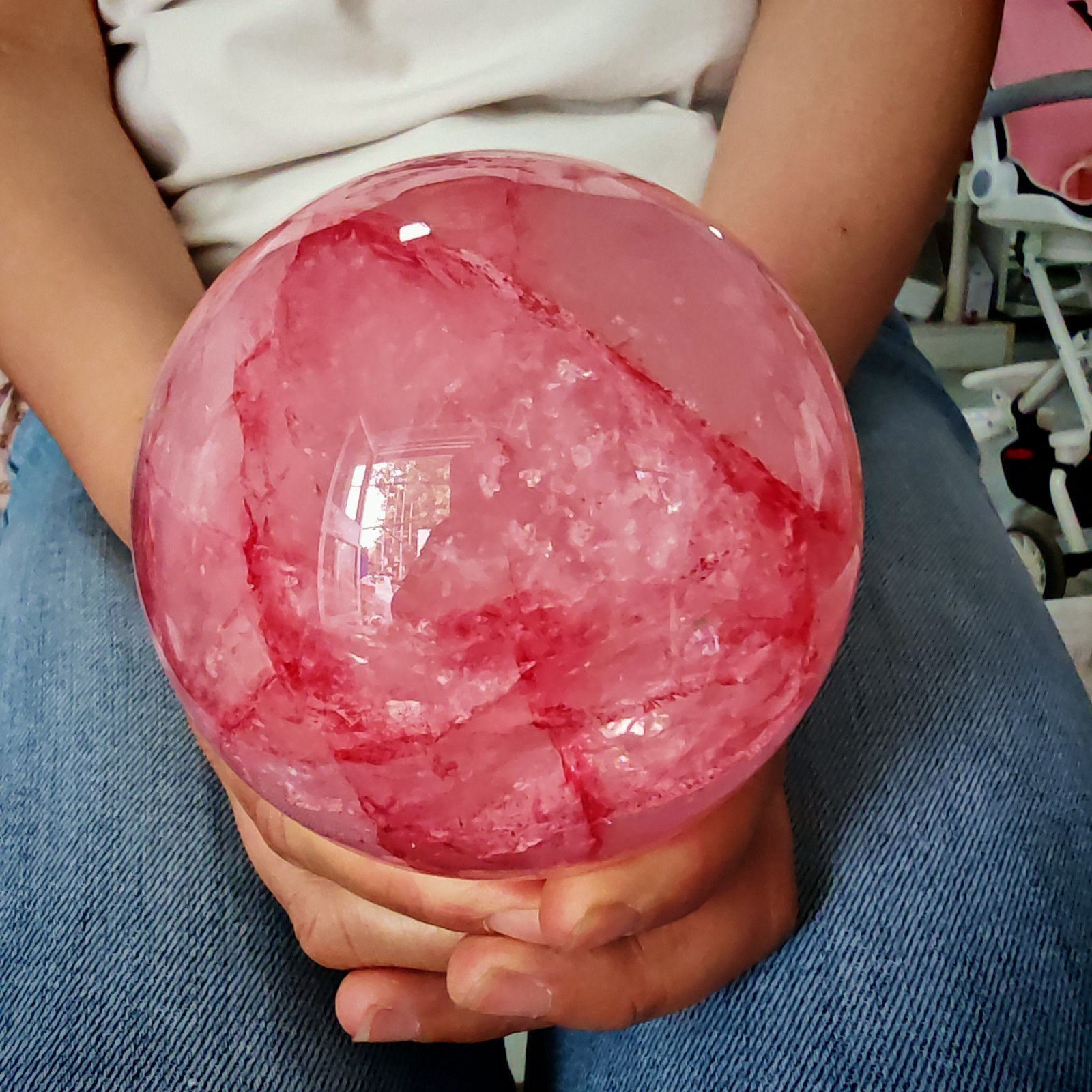2.42LB TOP Natural Red gum flower quartz ball crystal Hand carved Decorative