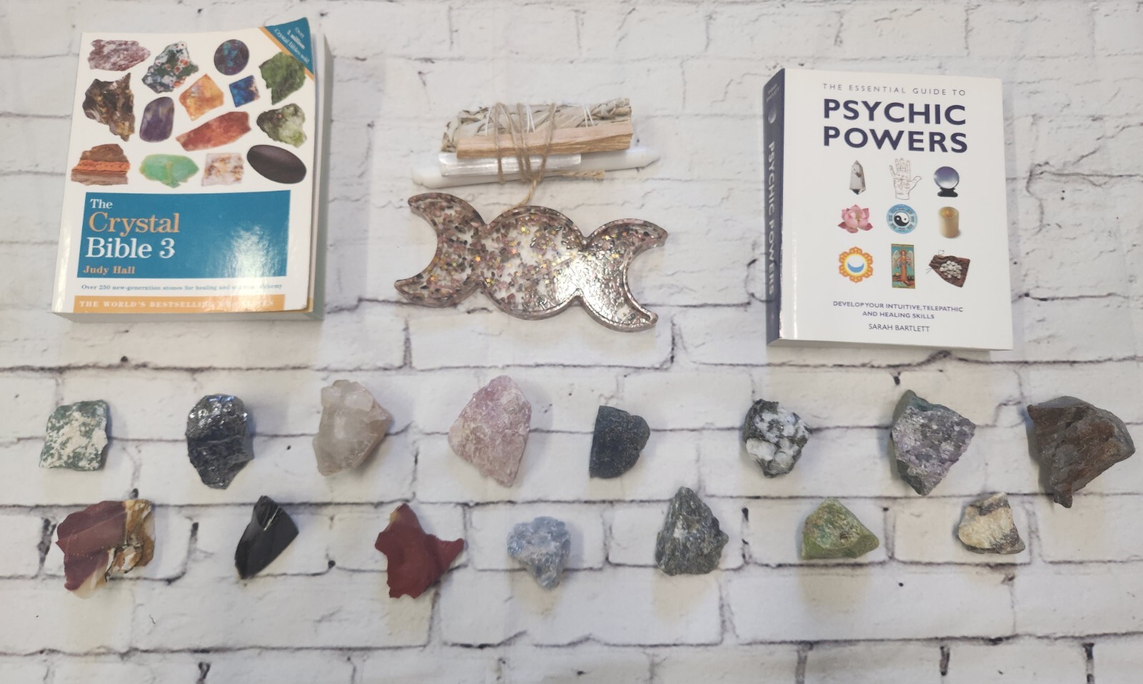 Crystal Book Psychic Powers Rough Crystal Lot Sage Smudge Stick Trinket Bowl