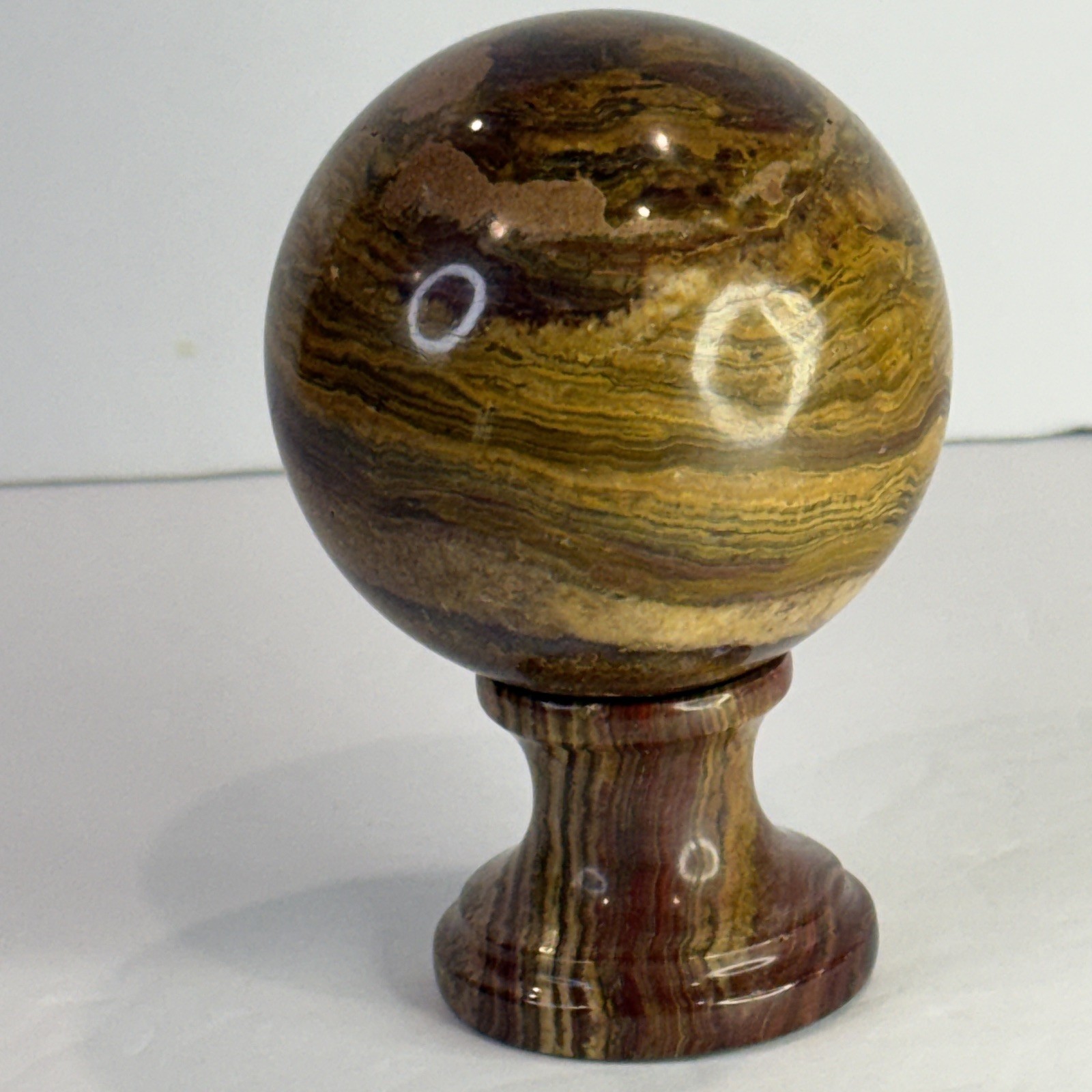 Collector-Grade Banded 🤎 Brown Onyx Sphere on Pedestal • 631g Natural Stone