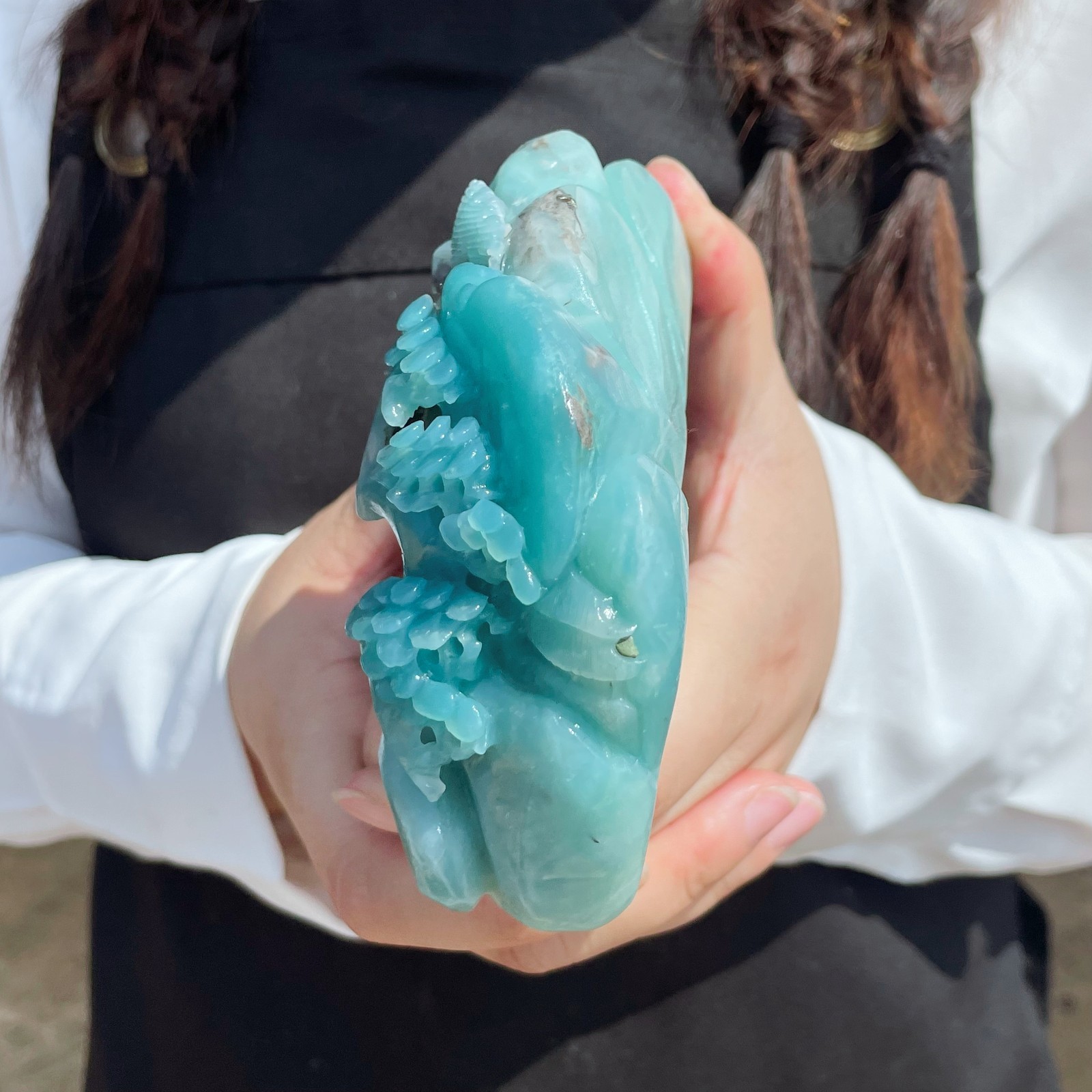 Natural Amazonite Quartz Crystal Hand-Carved Mountain Scenery Sculpture 1.6LB