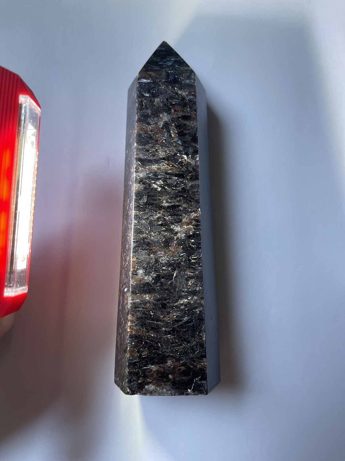 Large Arfvedsonite Crystal Obelisk 7 Inch Flashy Silver Blue Healing Stone Tower