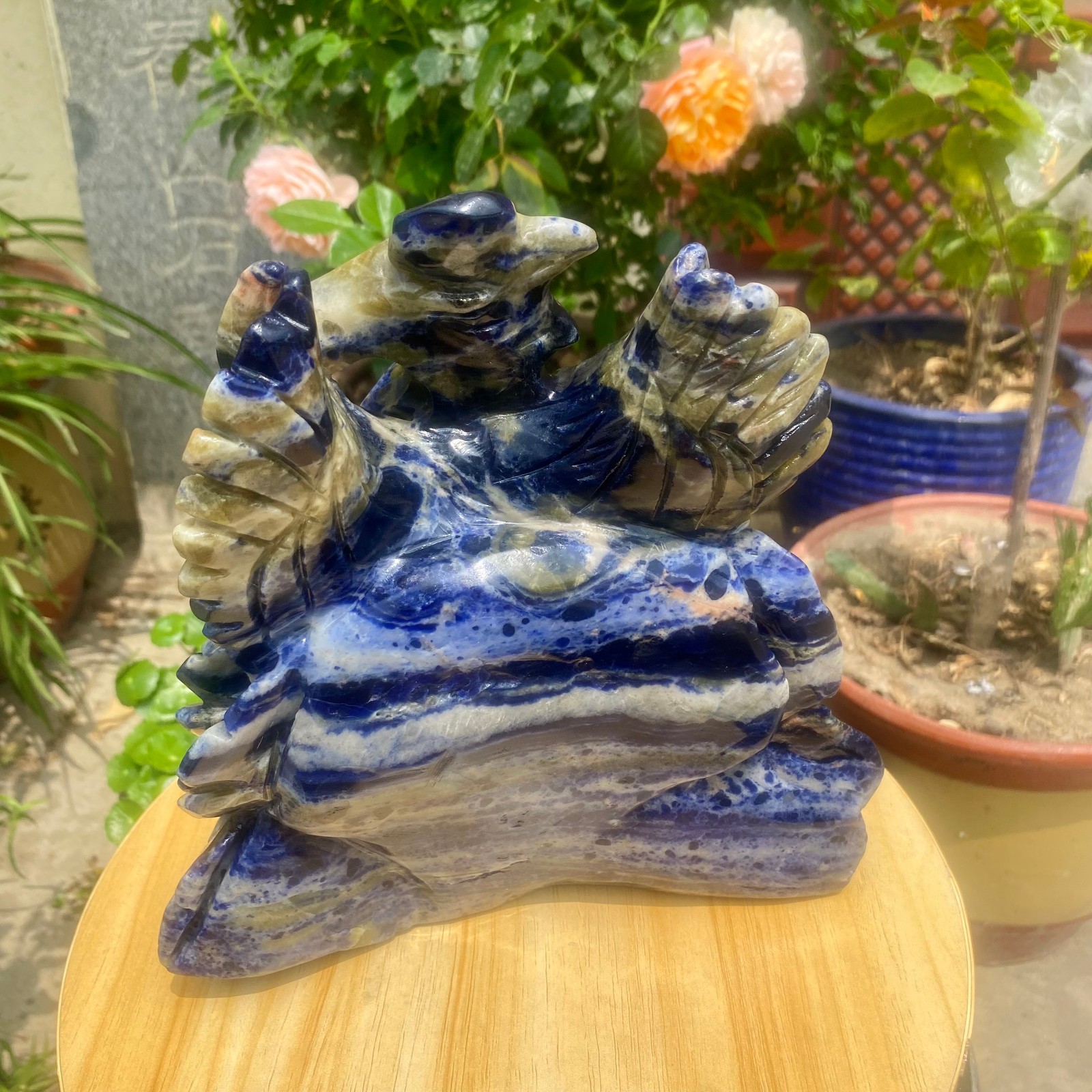6.61LB Natural Blue Vein Stone Phoenix Carving, Home Decoration