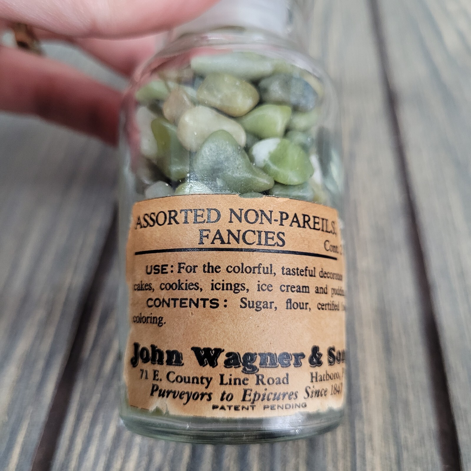 4oz Serpentine Crystal Tumbles in Vintage Apothecary Glass Jar “Fancies” Wagner