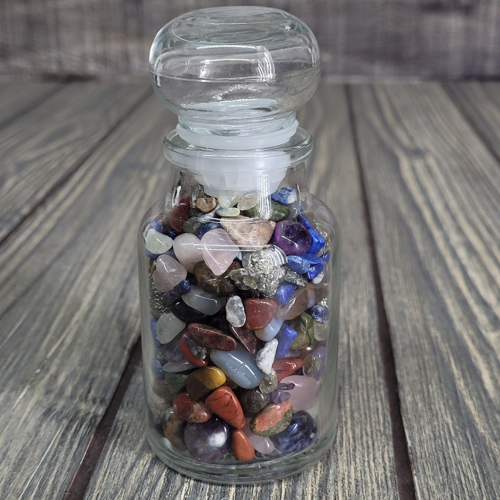 6oz Mixed Crystal Tumbles in Vintage Apothecary Crabtree & Evelyn Glass Jar EUC