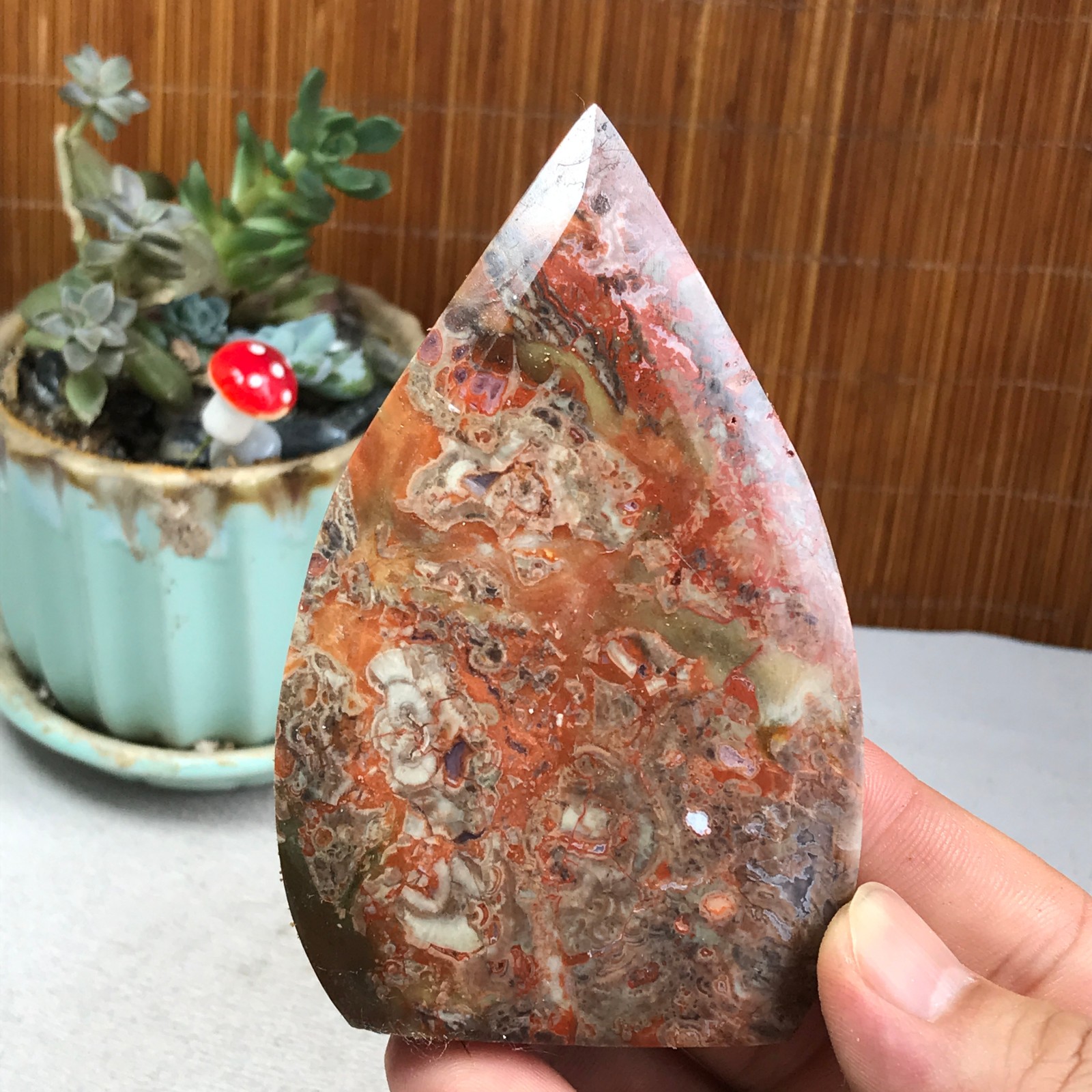 Natural money Mexico agate hand carve leaf Crystal Specimen free standing A6274