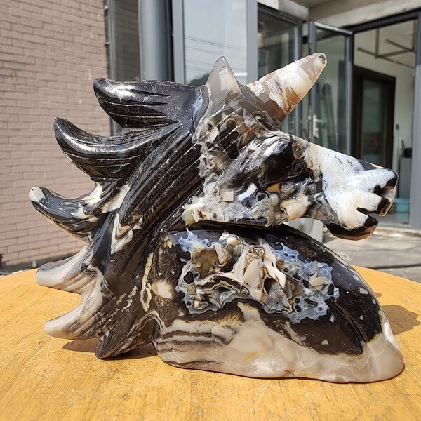629g Natural Volcanic Rock agate carved unicorn quartz crystal skull polishing