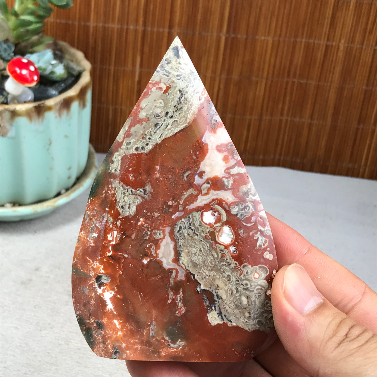 Natural money Mexico agate hand carve leaf Crystal Specimen free standing A6269