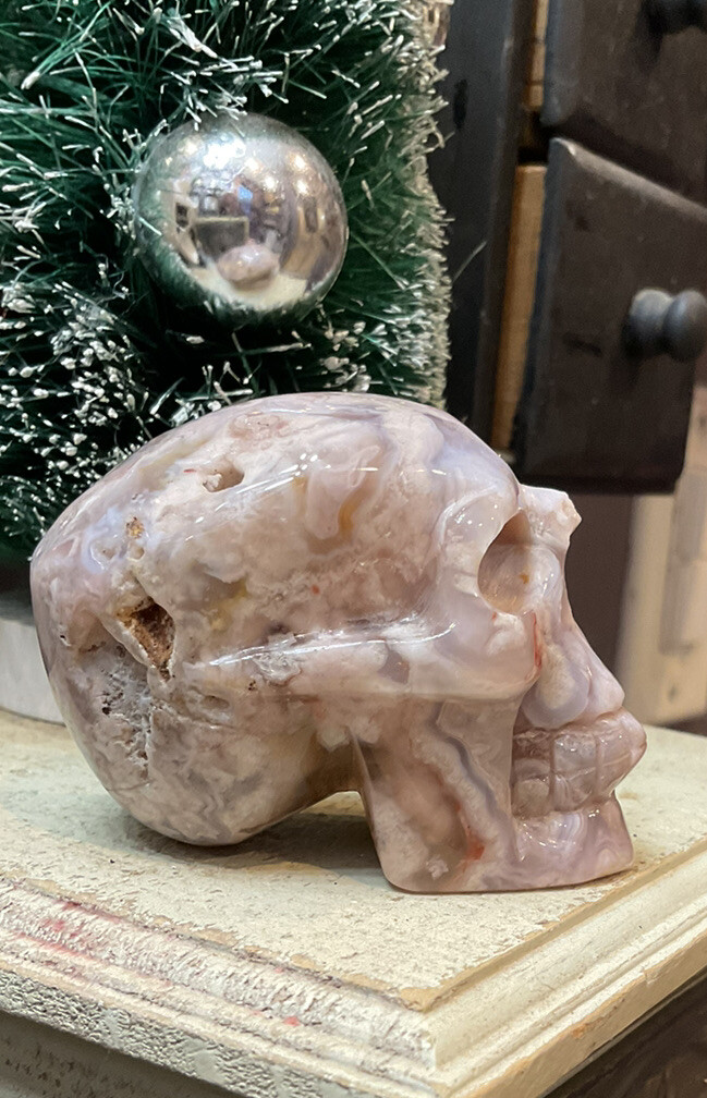 Flower Agate Skull (2″) Carved, Natural, Polished. Very Unique Piece!