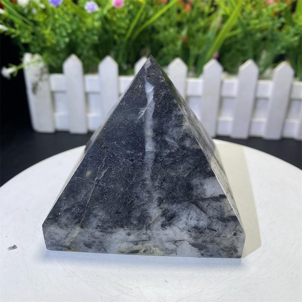 0.8LB 2.7″ Natural Black Rutiled Quartz Pyramid Statue Crystal Reiki Heal Decor