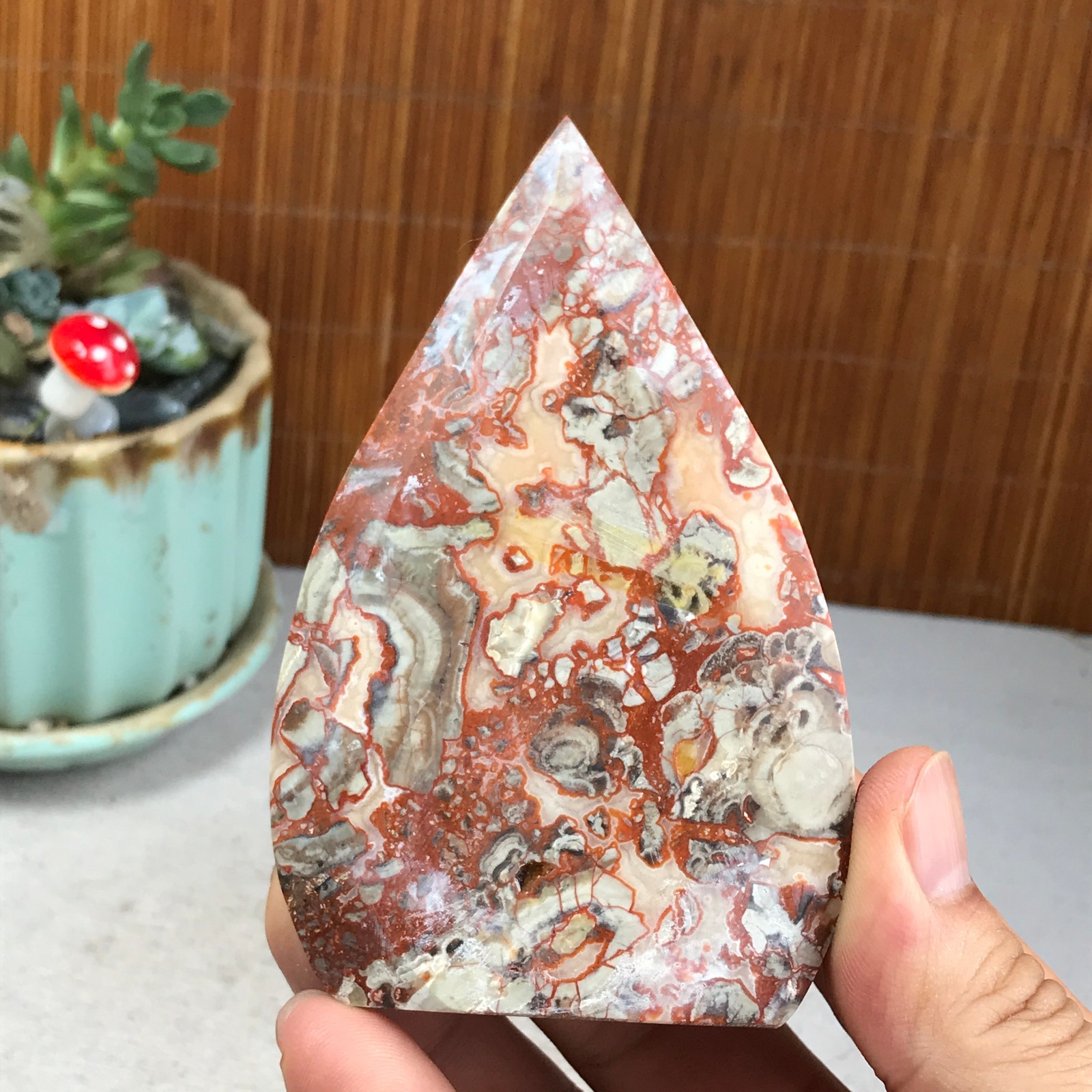Natural money Mexico agate hand carve leaf Crystal Specimen free standing A6275