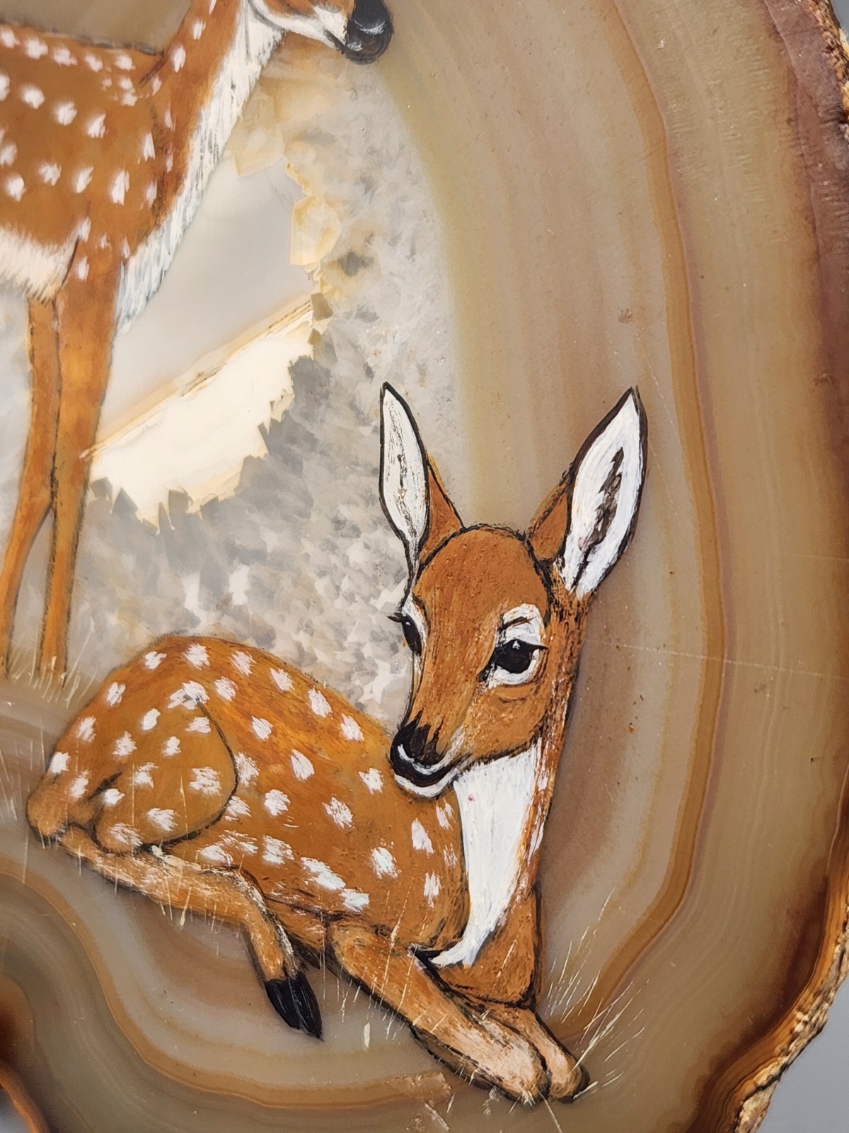 Deer Hand Painted On Geode Stone Slab Signed 5×5.25″