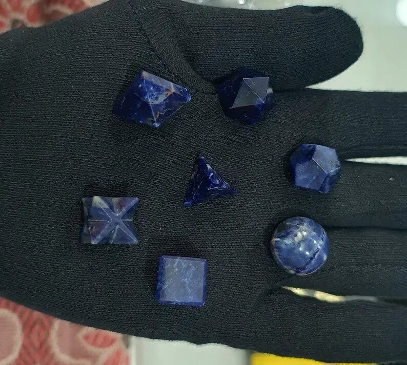 Natural AAA Sodalite Platonic solids Geometry set 7 Pieces Sodalite Geometry Set
