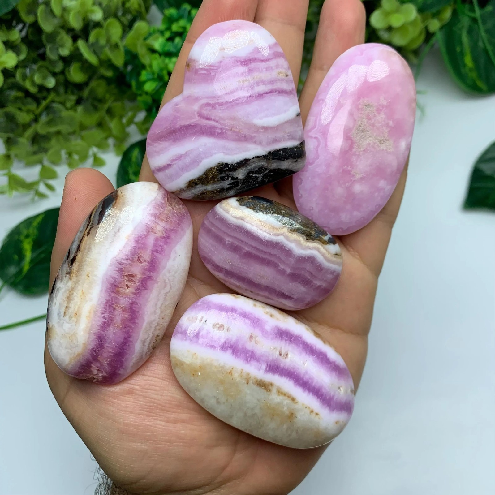5 Pieces Top Quality Pink Aragonite Palm Stone And Heart, Pink Aragonite Stone