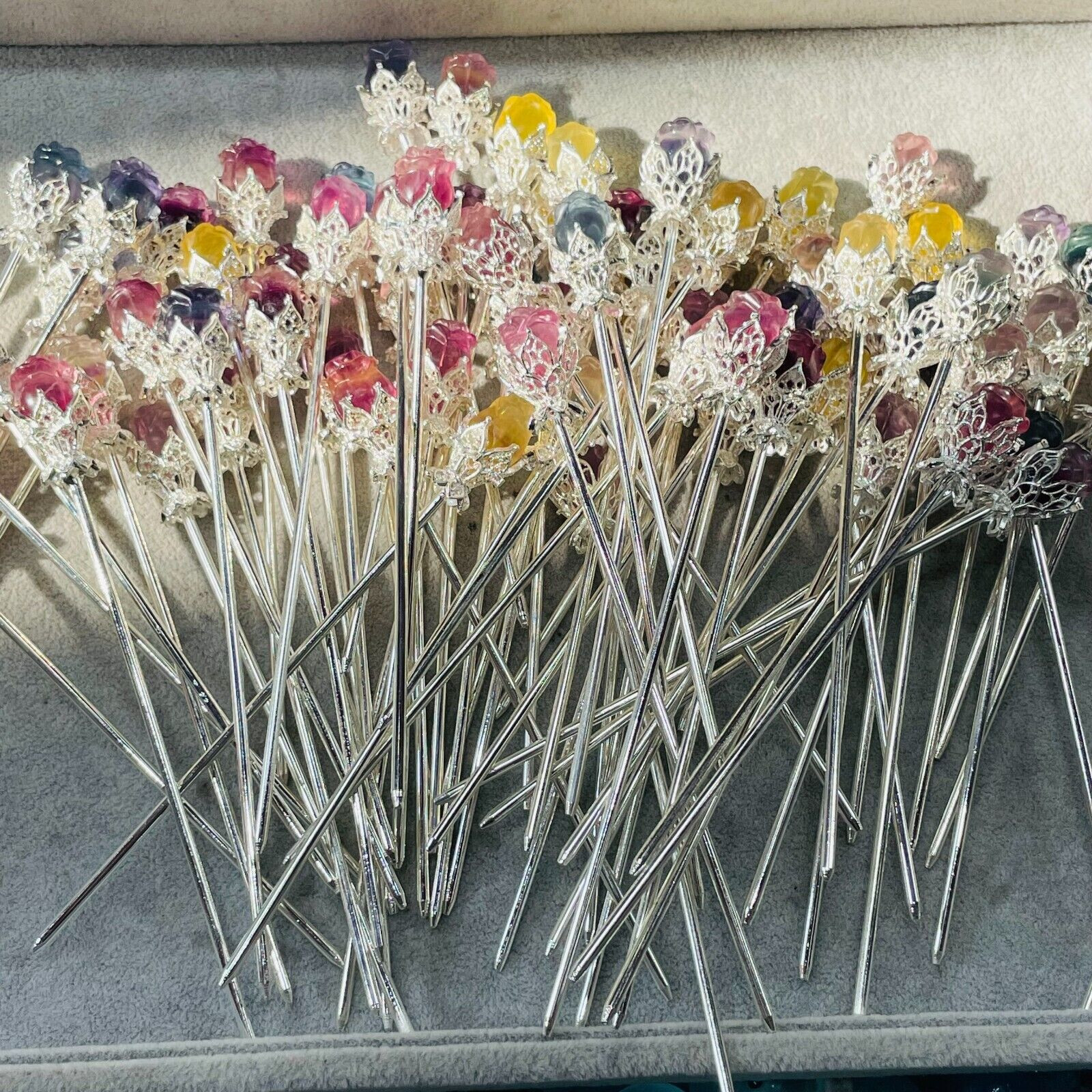 5pc Natural Fluorite Carved Flower Rose Hairpin Quartz Crystal Reiki Healing