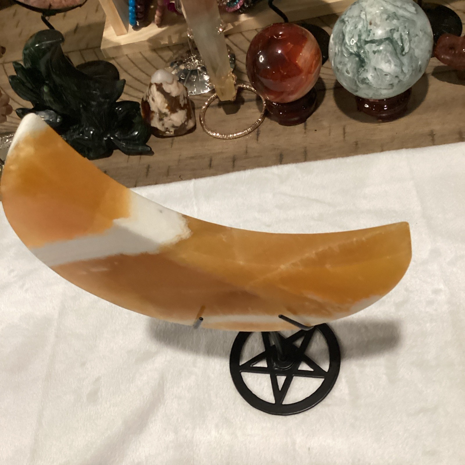 Polished Orange White Calcite Crescent Moon Crystal Specimen on Stand 6in 15 oz