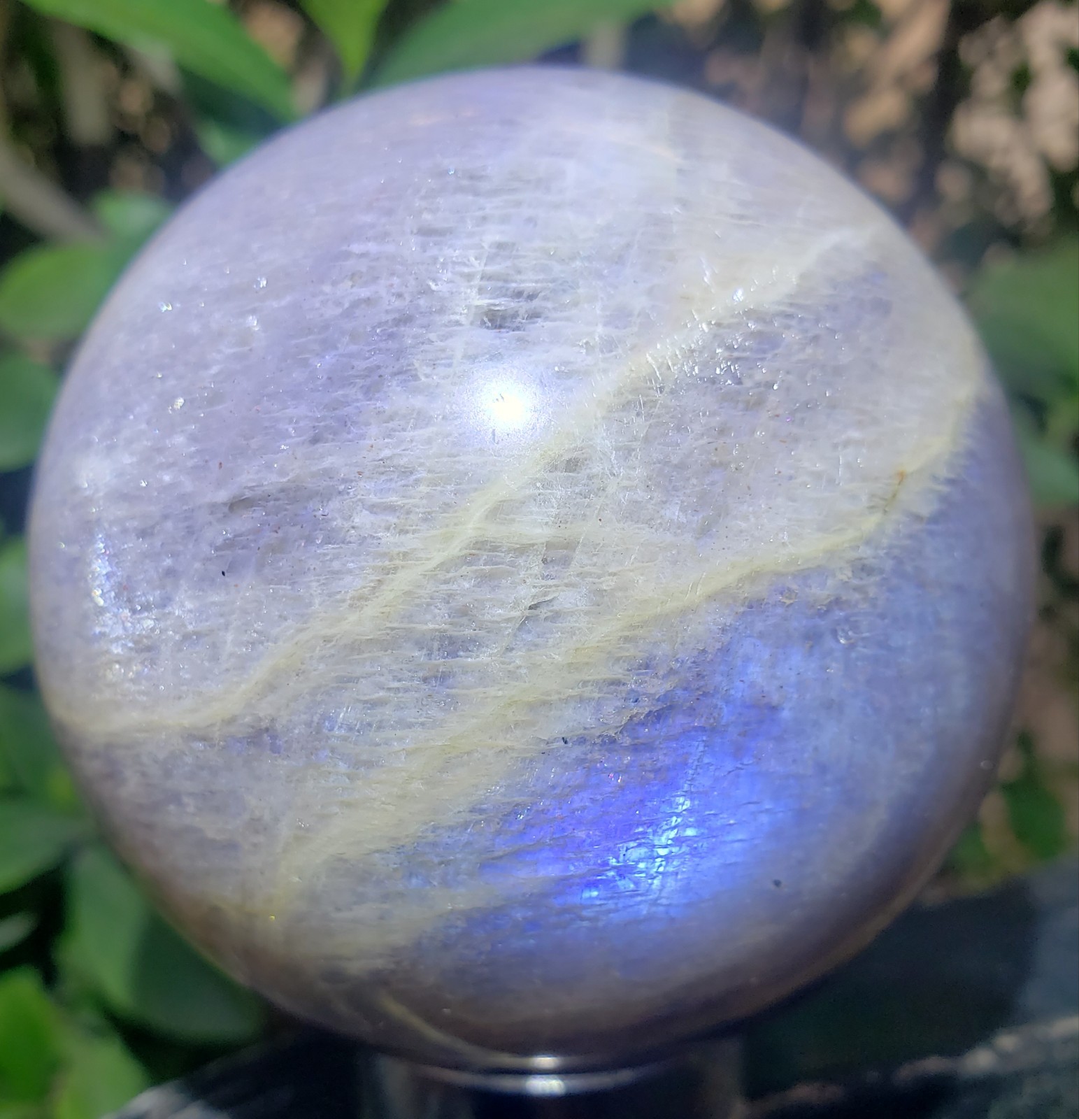 2.9″ Iridescent Black Moonstone Sunstone Sphere, Blue Flash Crystal Orb, 548g