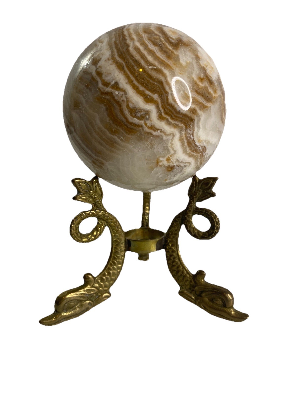 Onyx Marble Sphere Ball w/ Brass Dragon Stand Banded Calcite Decor
