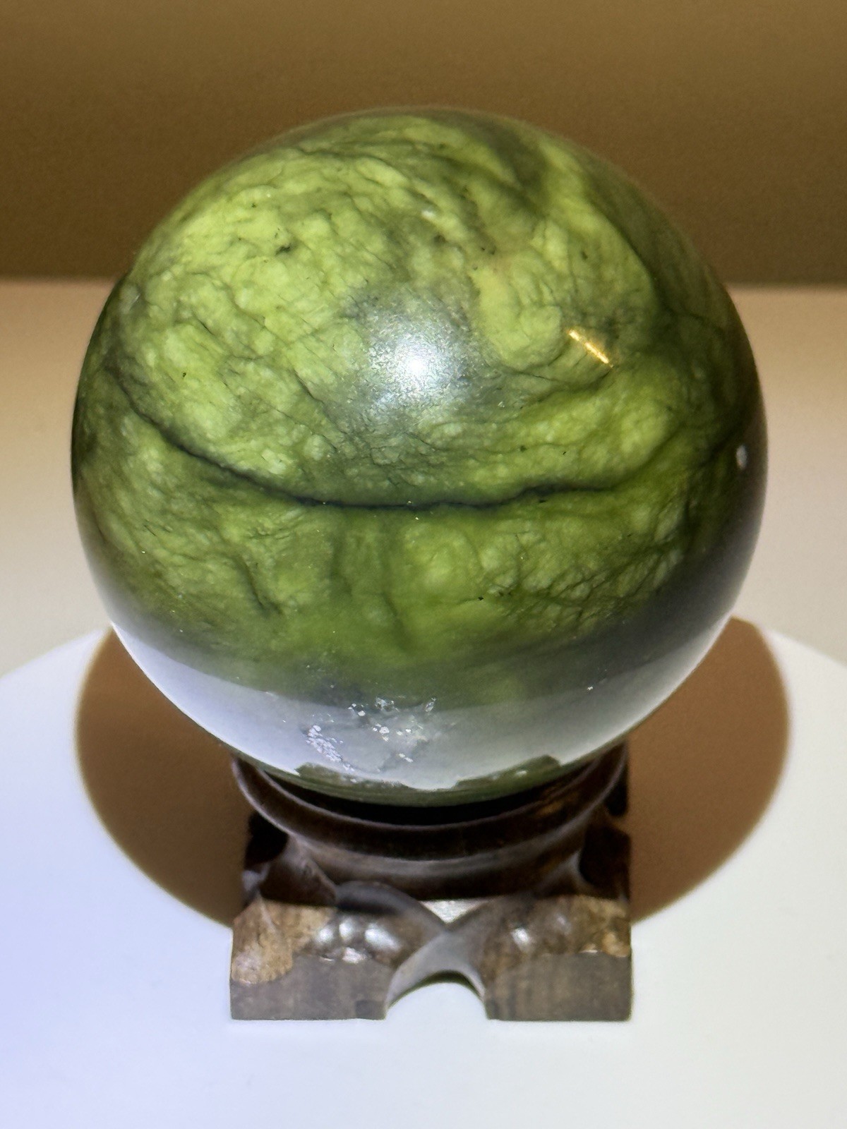 STUNNING Polished Nephrite Jade Sphere w/ Wooden Stand