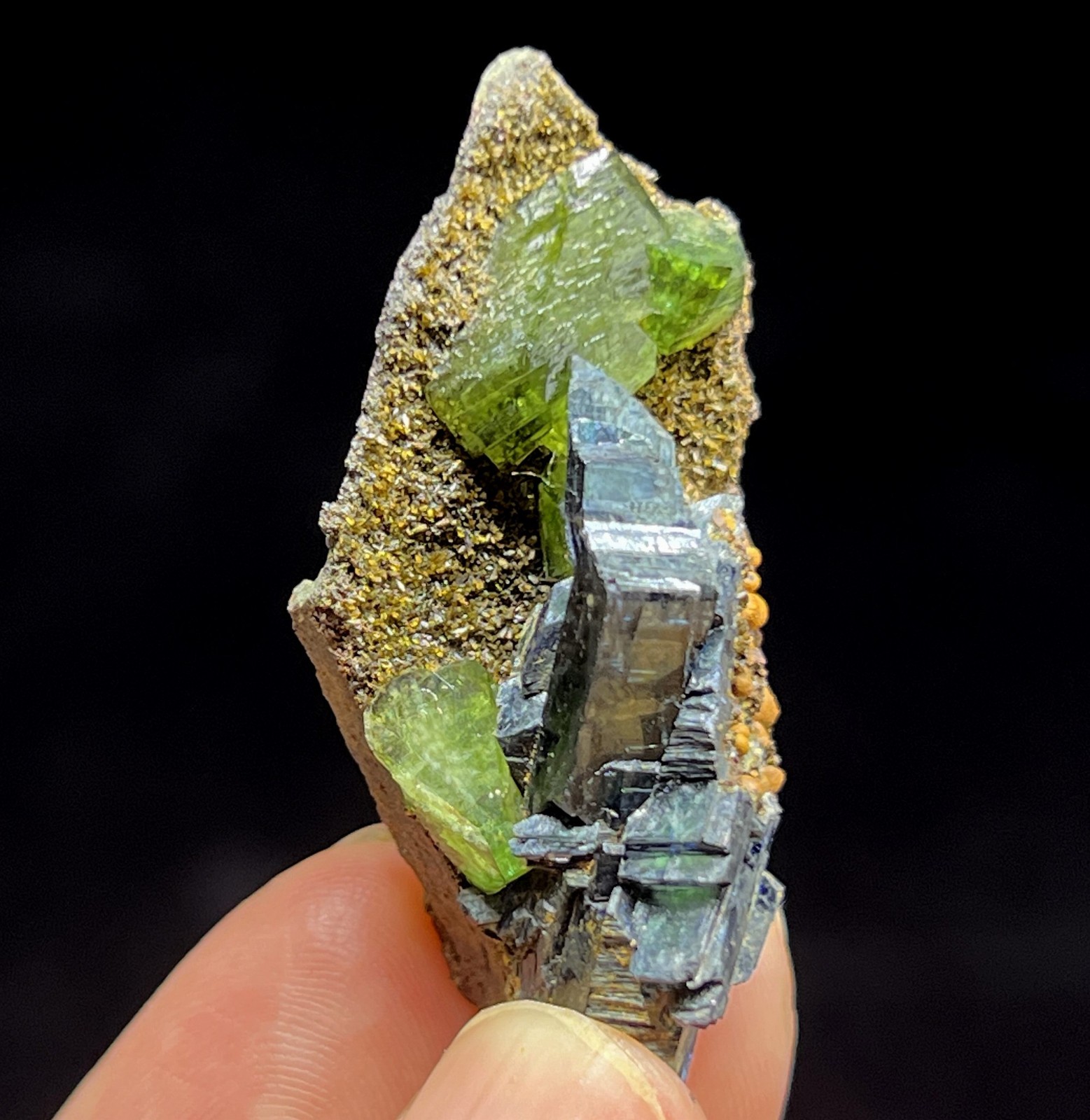 40mm GEMMY Green Ludlamite (LARGE crystals) with Vivianite mined from Brazil