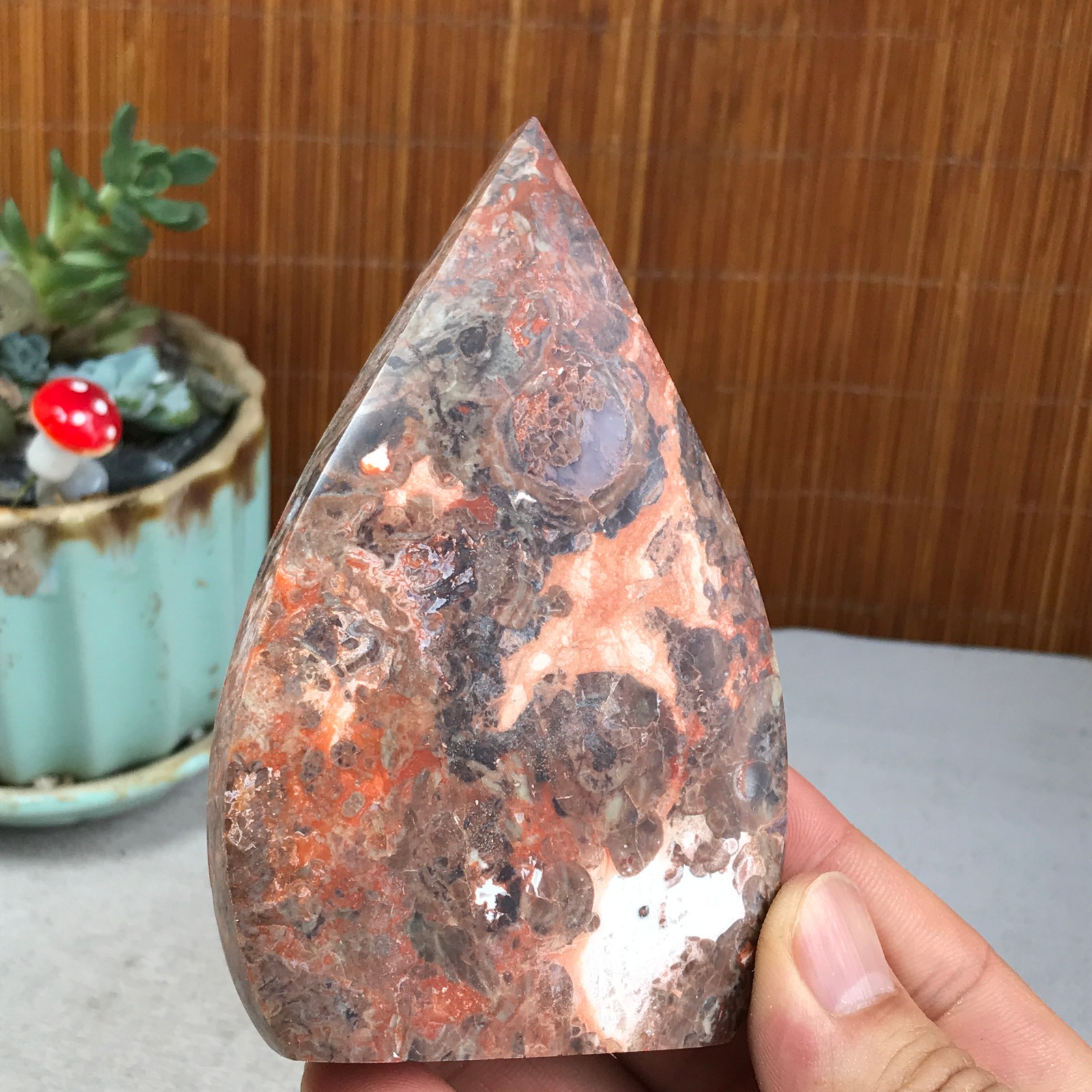 Natural money Mexico agate hand carve leaf Crystal Specimen free standing A6273