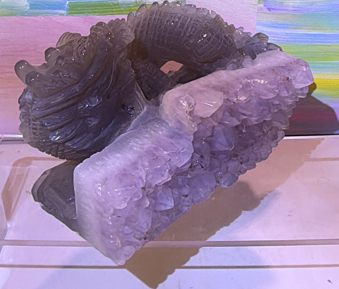 Carved Dragon Figure on Quartz Crystal Cluster Base Decorator Piece, 6 in