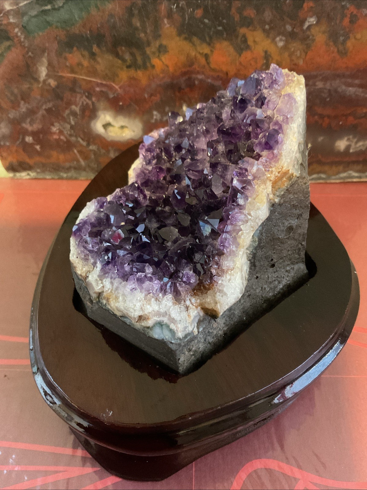 Amethyst Crystal Embedded In Custom -Cherry Colored Wooden Base – gift