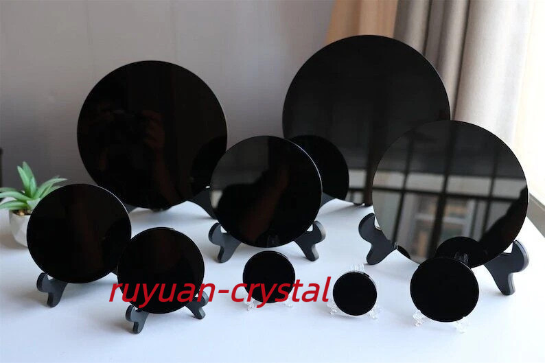 Natural Obsidian Mirror,Obsidian Wafer,Crystal Disk,Reiki Crystal Gift + stand