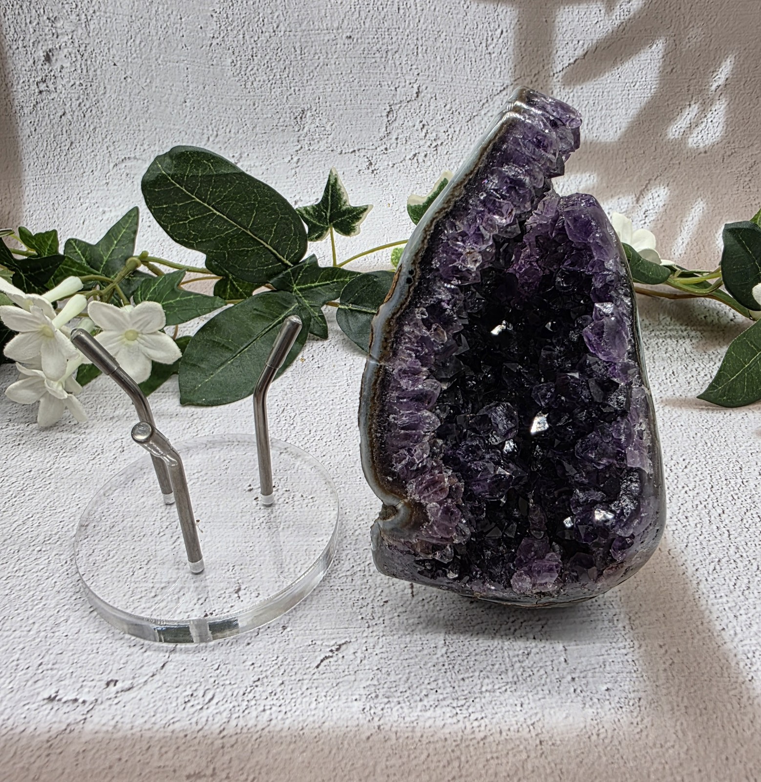 Uruguay Amethyst Druzy Geode Crystal Specimen w/ Acrylic Display Stand 1 Lb 6.6